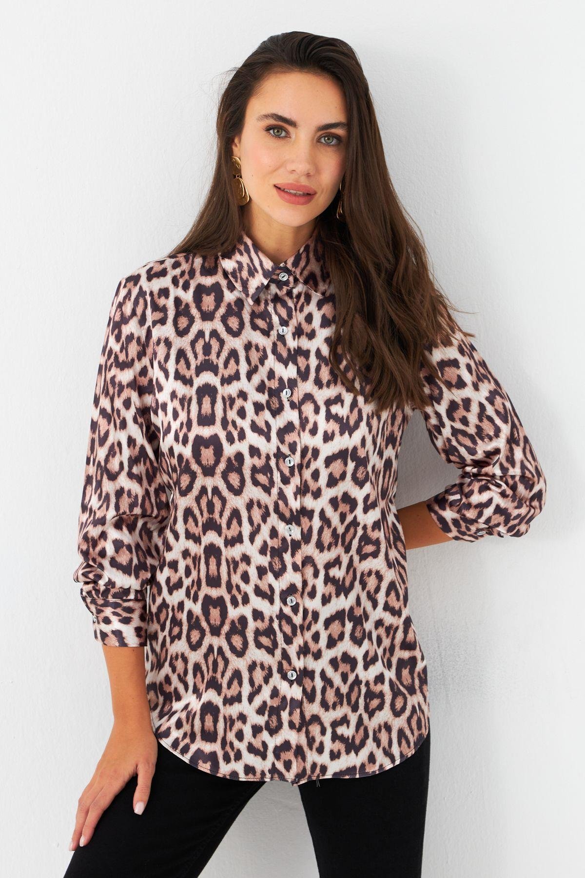 Kadın Camel-Siyah Leopar Desenli Saten Gömlek MRAD5901-1