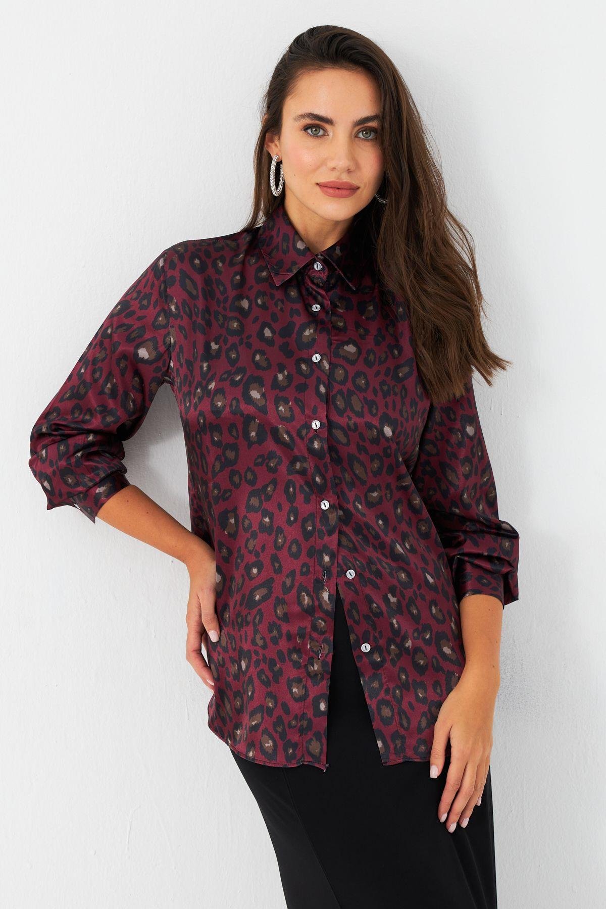 Kadın Camel-Siyah Leopar Desenli Saten Gömlek MRAD5901-1