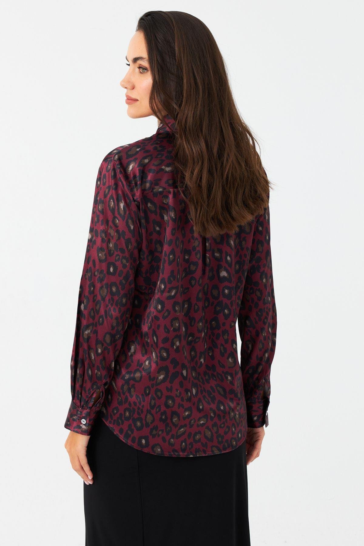 Kadın Camel-Siyah Leopar Desenli Saten Gömlek MRAD5901-1
