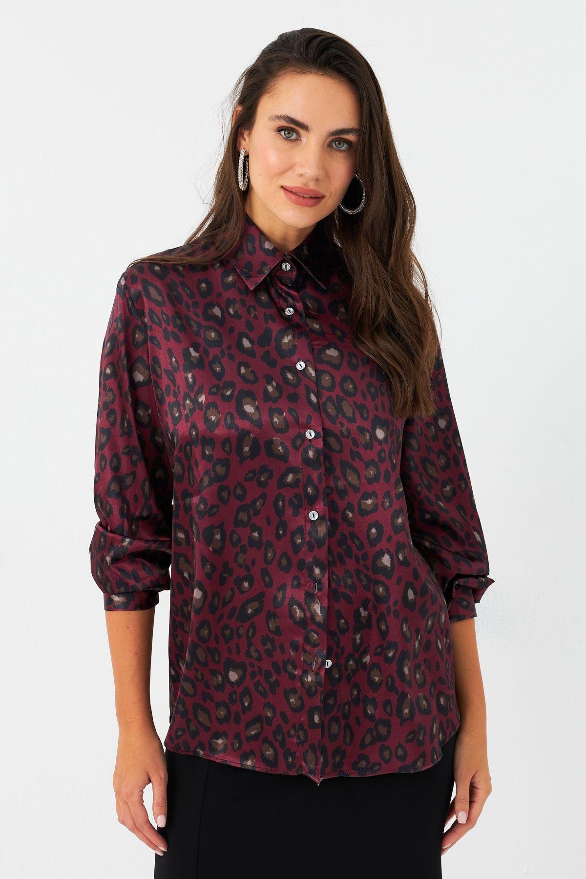 Kadın Camel-Siyah Leopar Desenli Saten Gömlek MRAD5901-1
