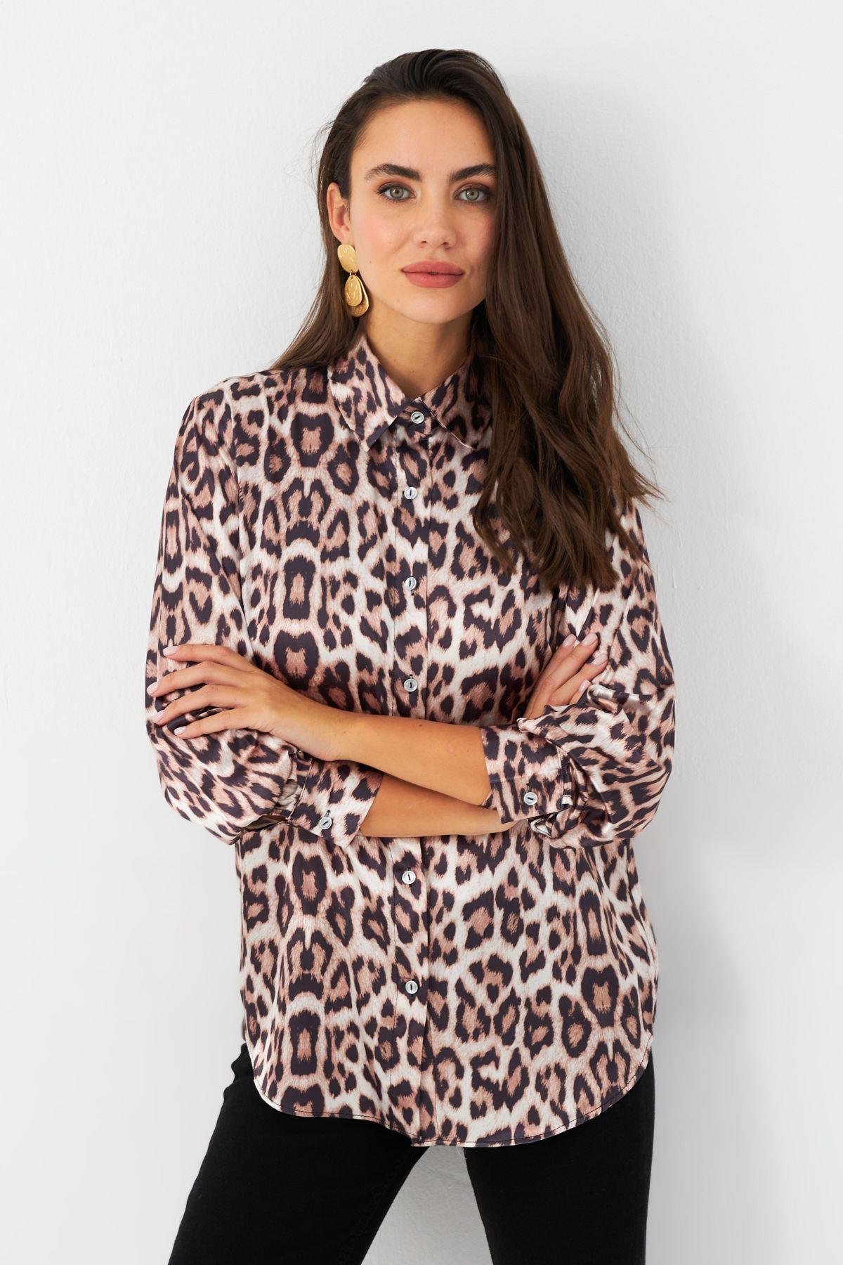 Kadın Camel-Siyah Leopar Desenli Saten Gömlek MRAD5901-1