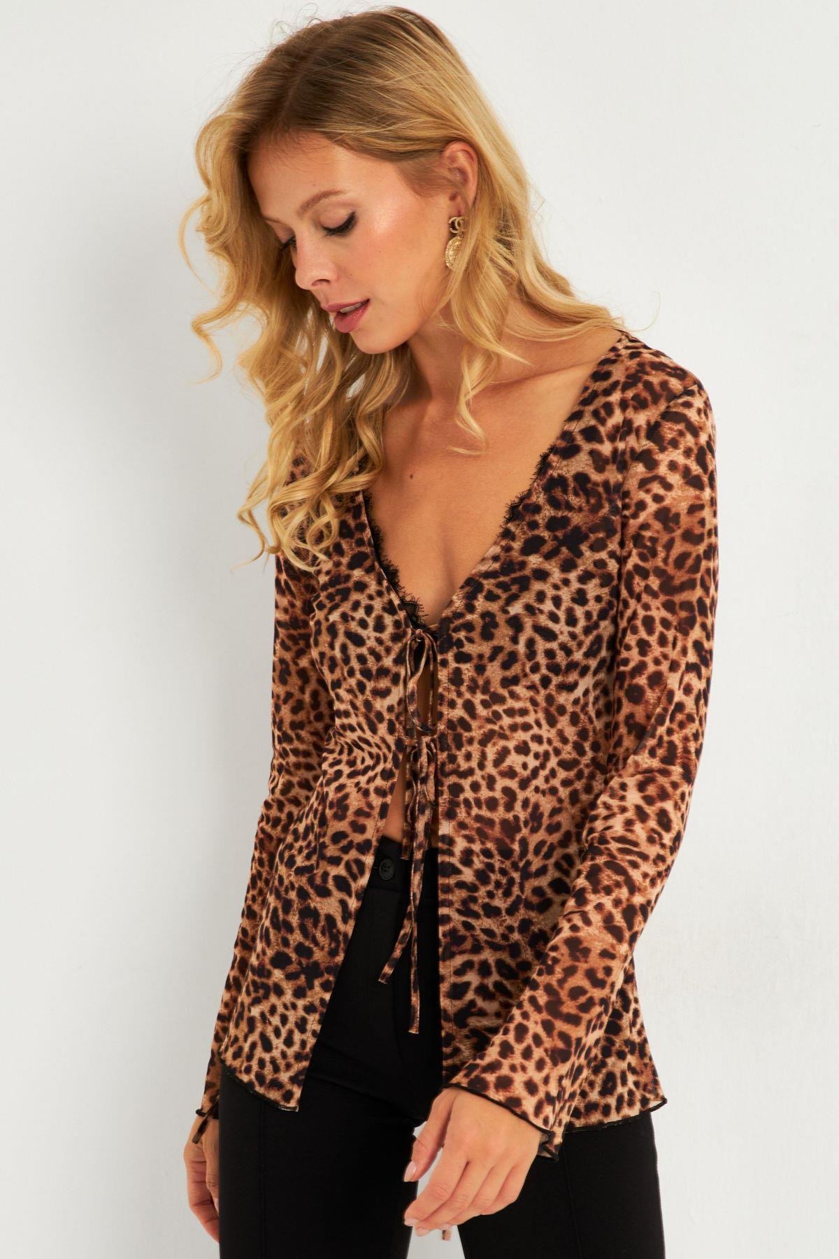 Kadın Camel-Siyah Leopar Desenli Tül  Bluz GÇ175
