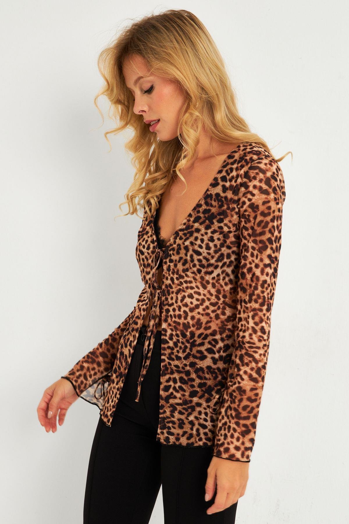 Kadın Camel-Siyah Leopar Desenli Tül  Bluz GÇ175
