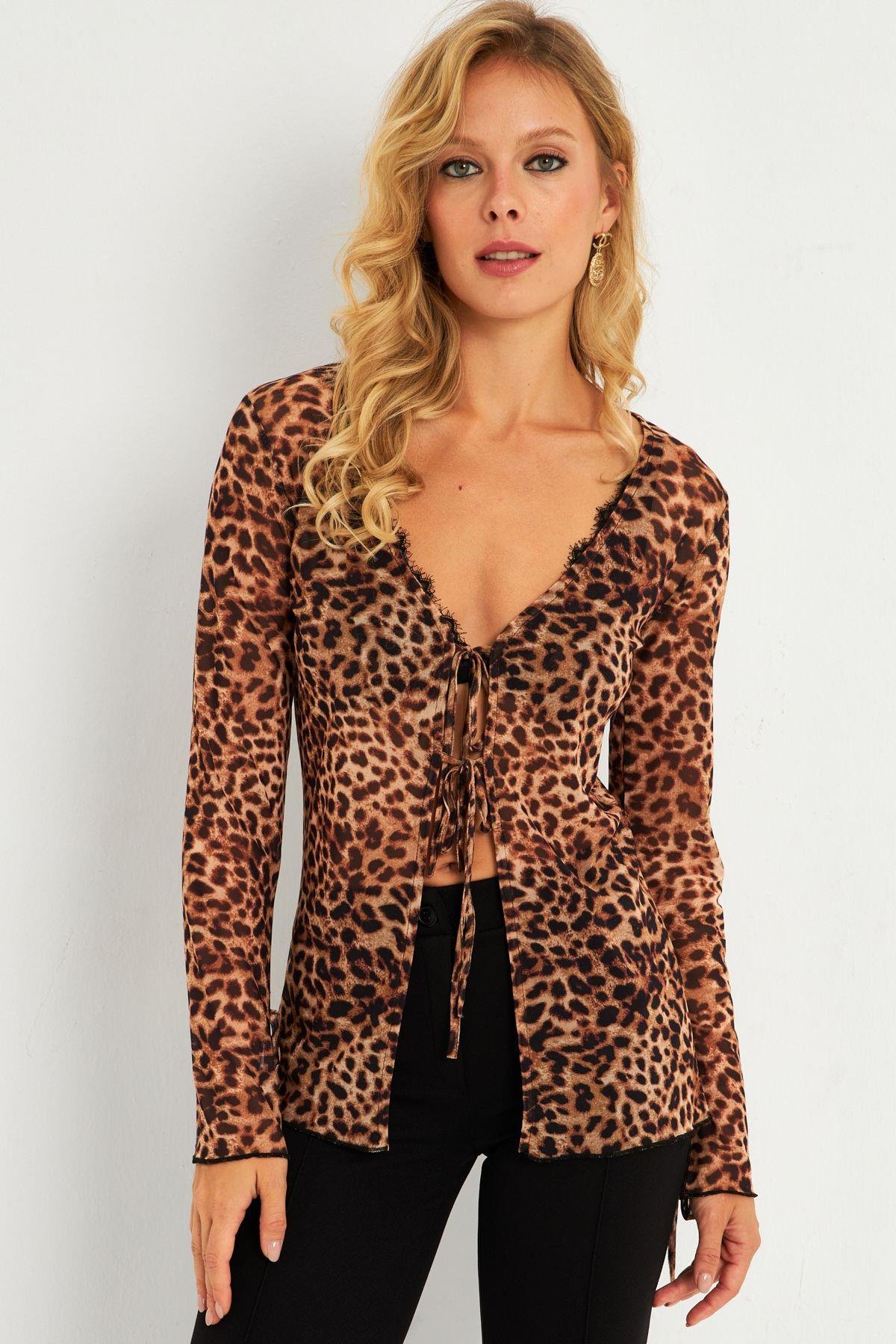 Kadın Camel-Siyah Leopar Desenli Tül  Bluz GÇ175