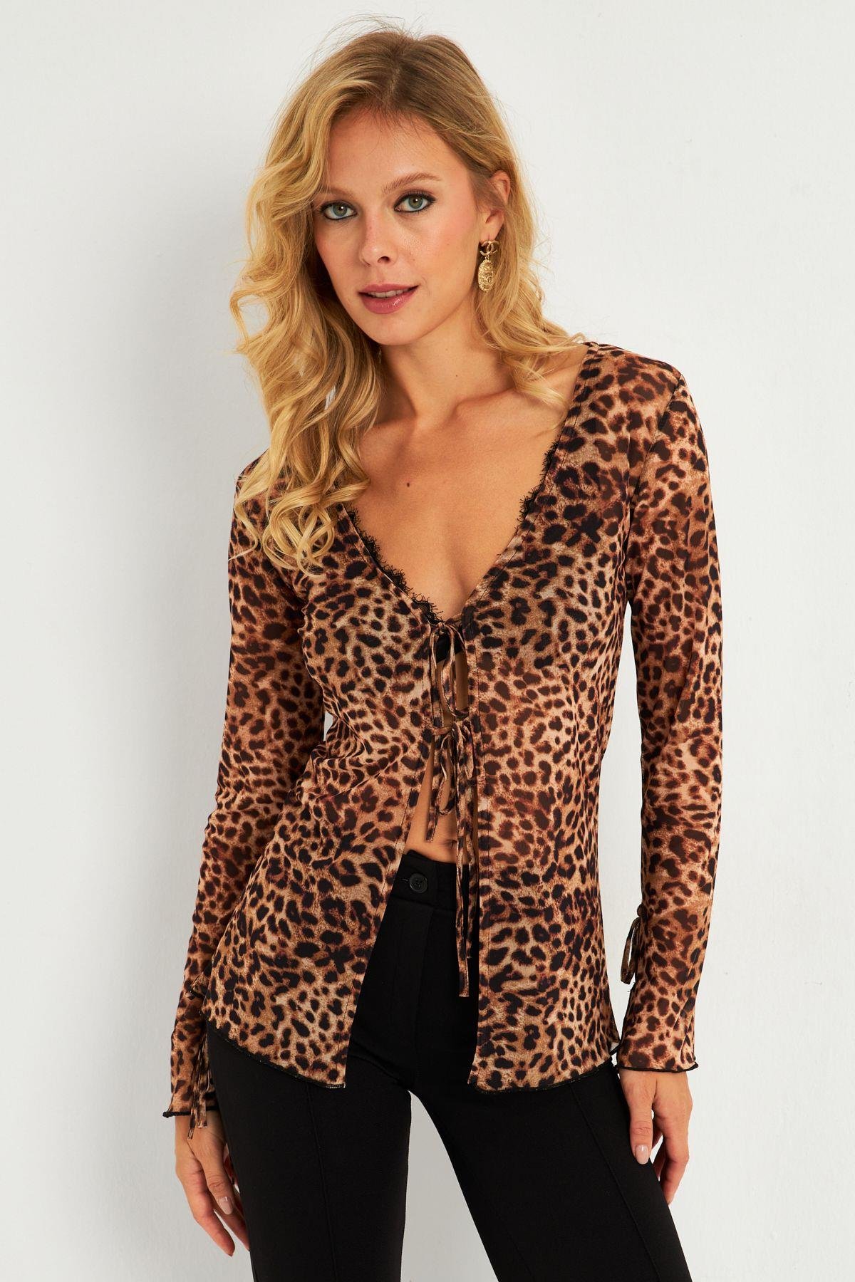 Kadın Camel-Siyah Leopar Desenli Tül  Bluz GÇ175