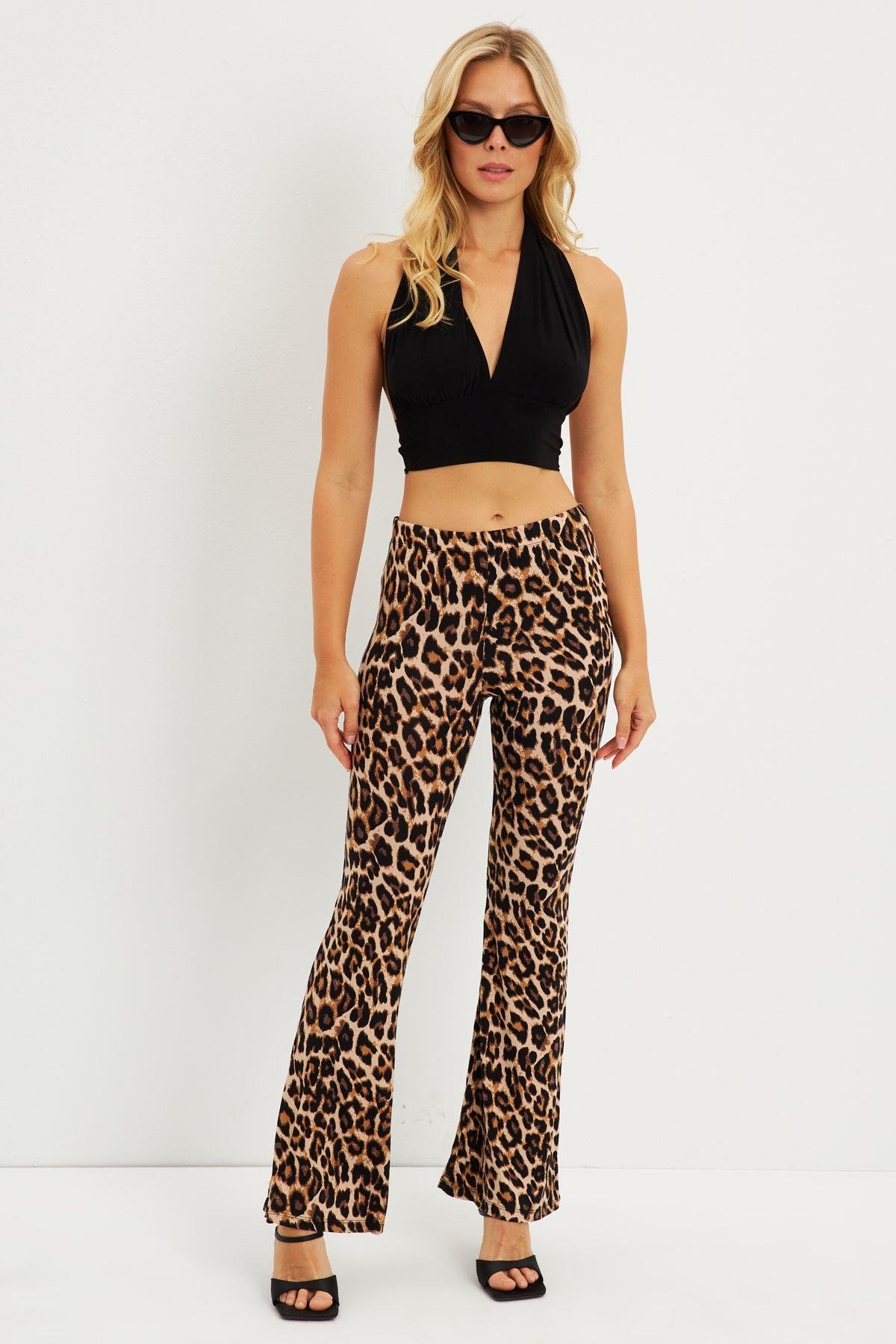 Kadın Camel-Siyah Leopar İspanyol Paça Pantolon LPP1278