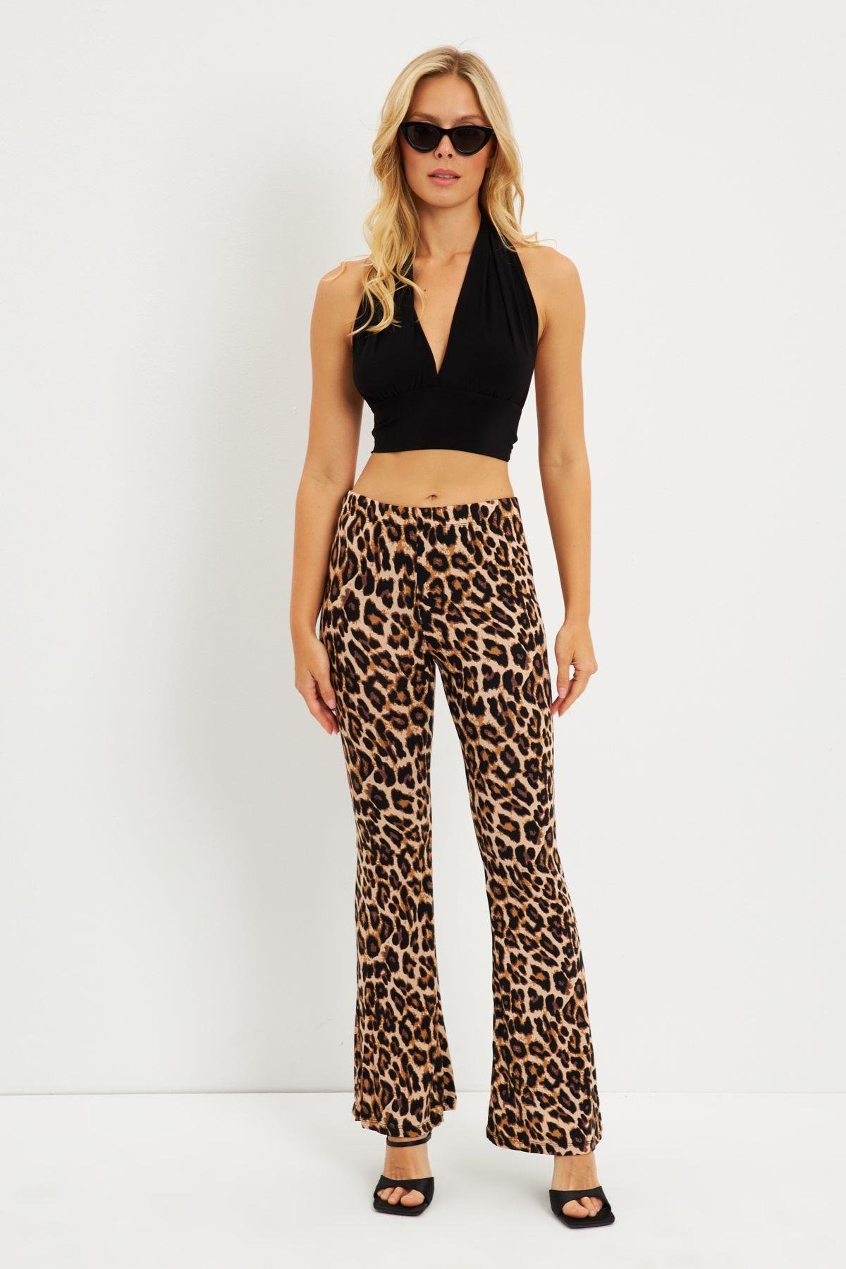 Kadın Camel-Siyah Leopar İspanyol Paça Pantolon LPP1278