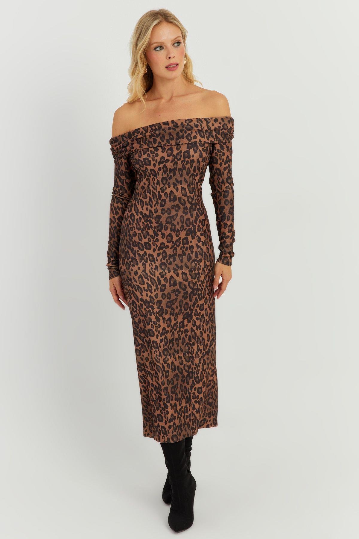Kadın Camel-Siyah Leopar Madonna Midi Elbise RMZ21254