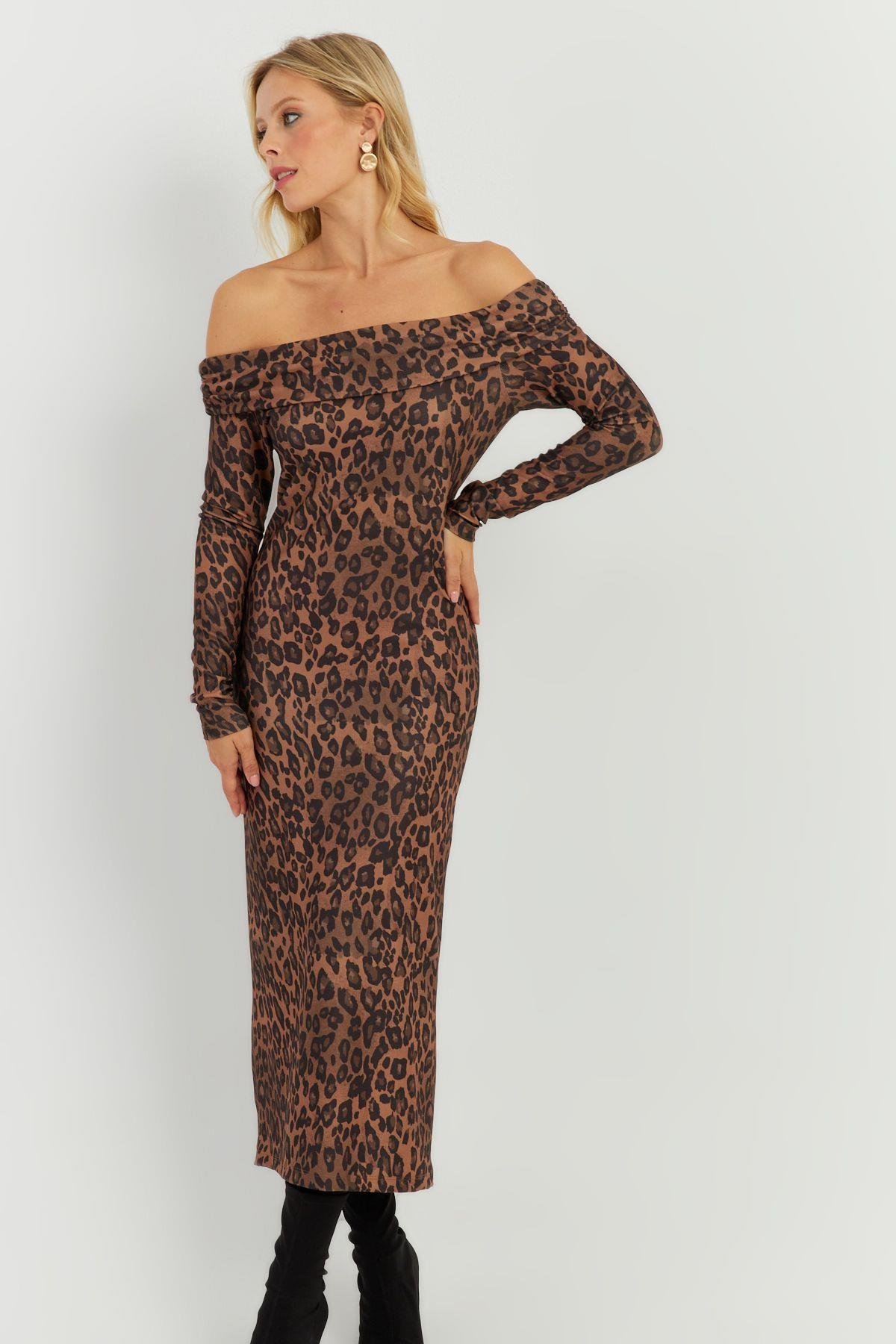 Kadın Camel-Siyah Leopar Madonna Midi Elbise RMZ21254