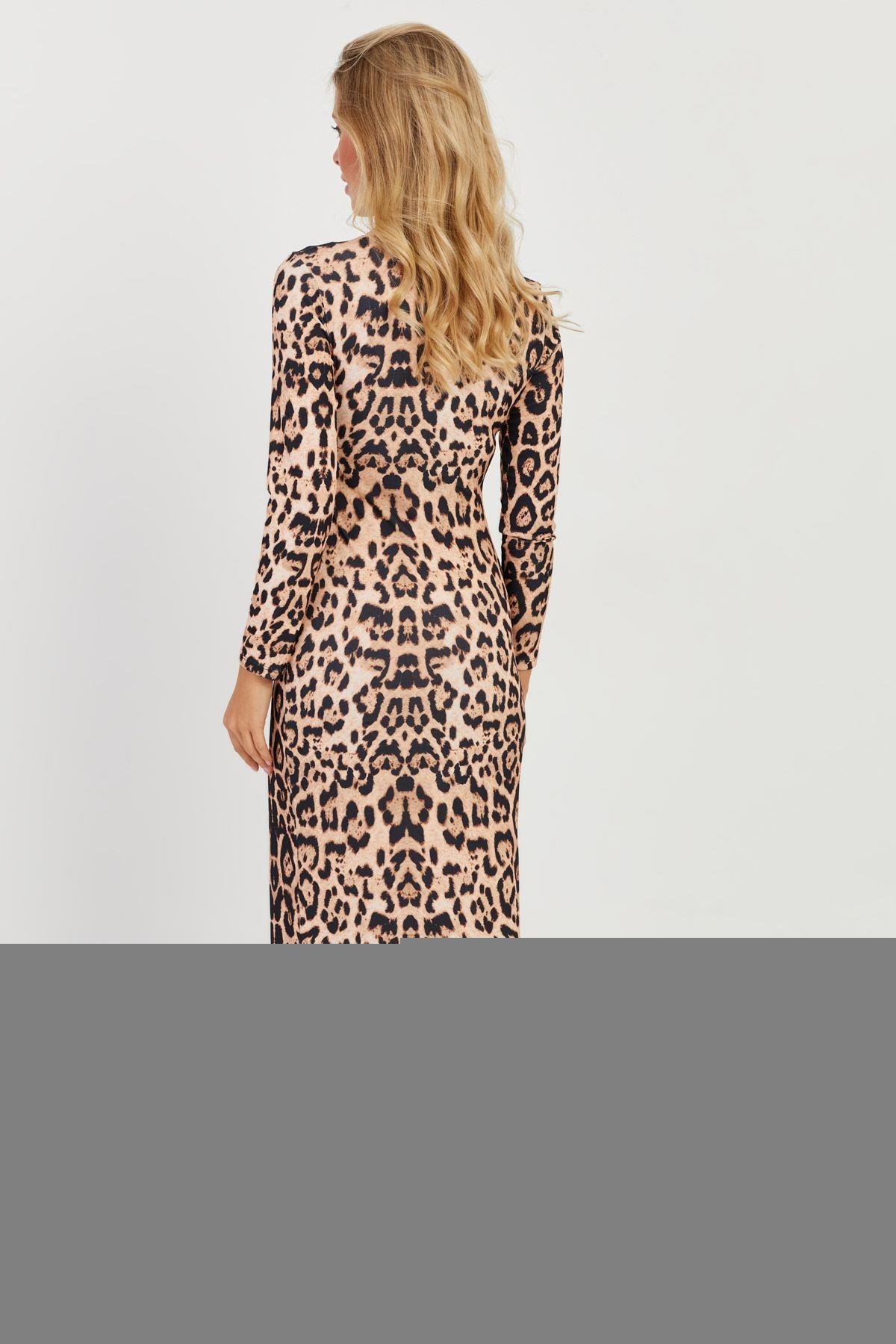 Kadın Camel-Siyah Leopar Maxi Elbise MON121