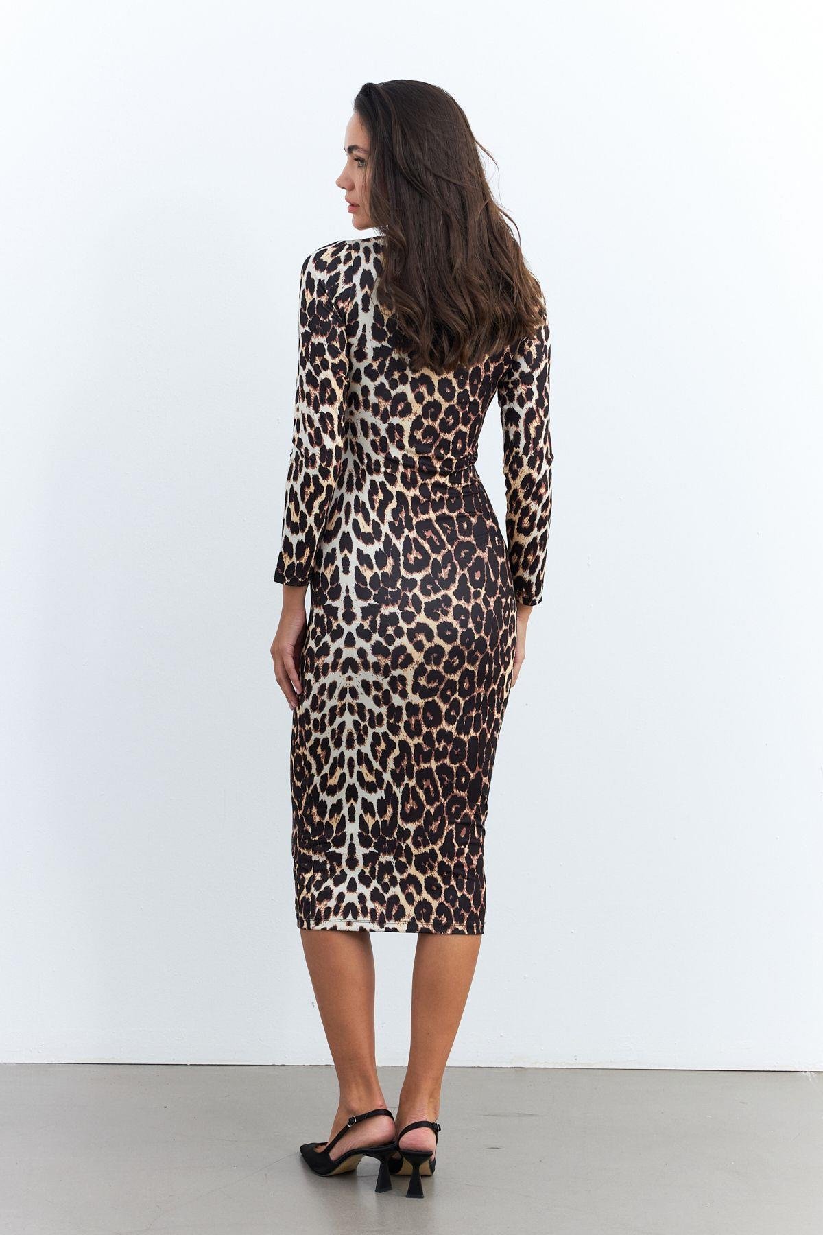 Kadın Camel-Siyah Leopar Midi Elbise RLO78