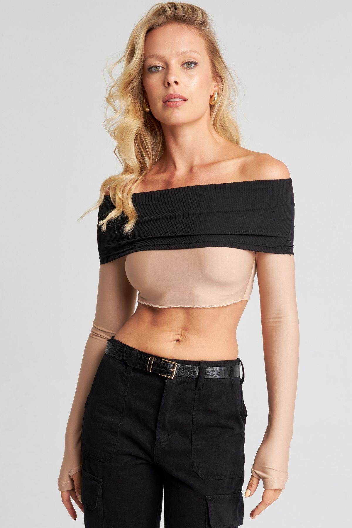 Kadın Camel-Siyah Madonna Crop Bluz CG322