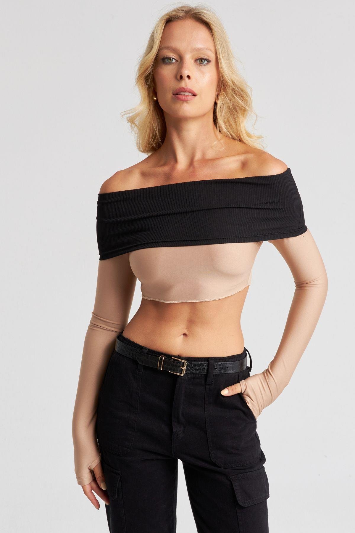 Kadın Camel-Siyah Madonna Crop Bluz CG322