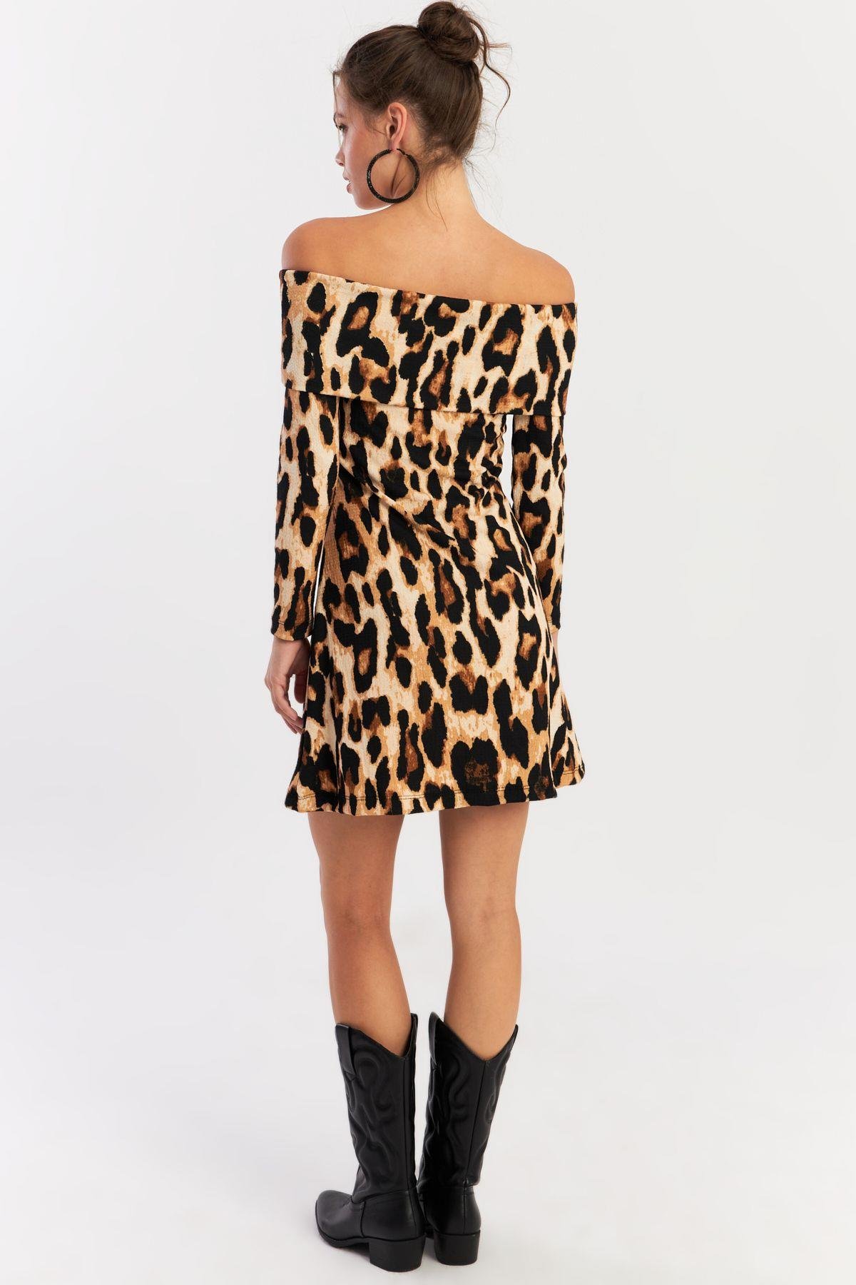 Kadın Camel-Siyah Madonna Yaka Leopar Mini Elbise EY2915