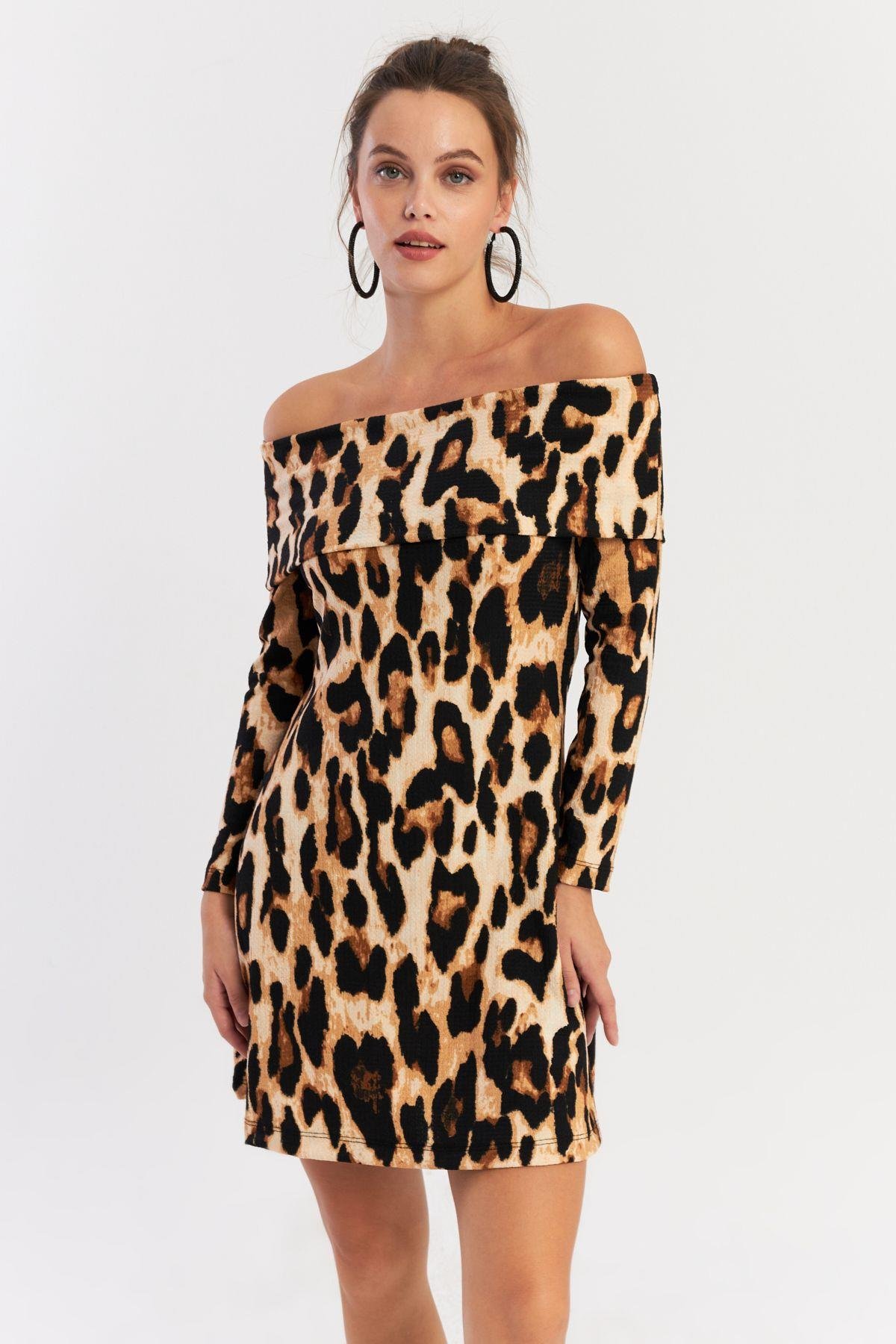 Kadın Camel-Siyah Madonna Yaka Leopar Mini Elbise EY2915