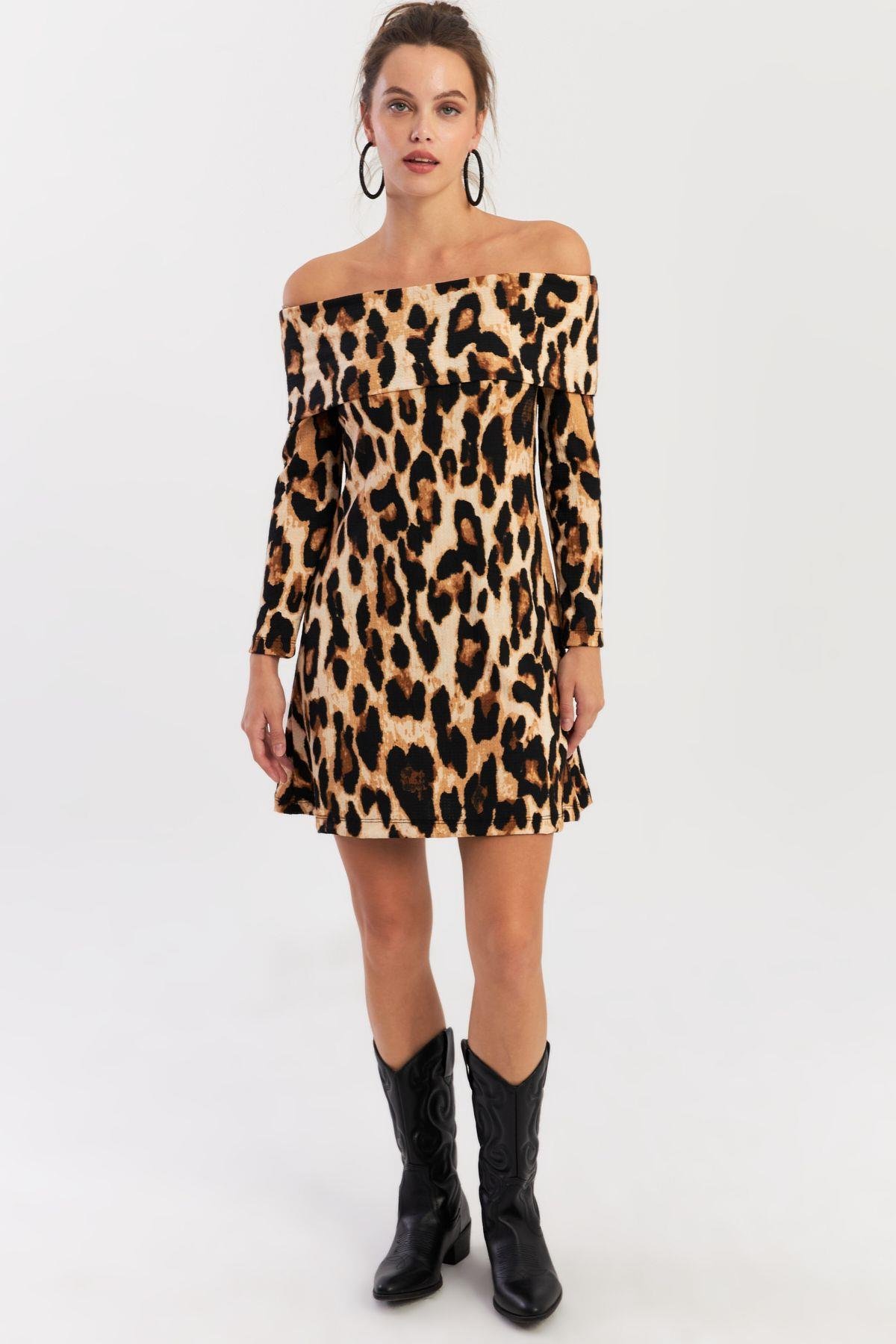 Kadın Camel-Siyah Madonna Yaka Leopar Mini Elbise EY2915