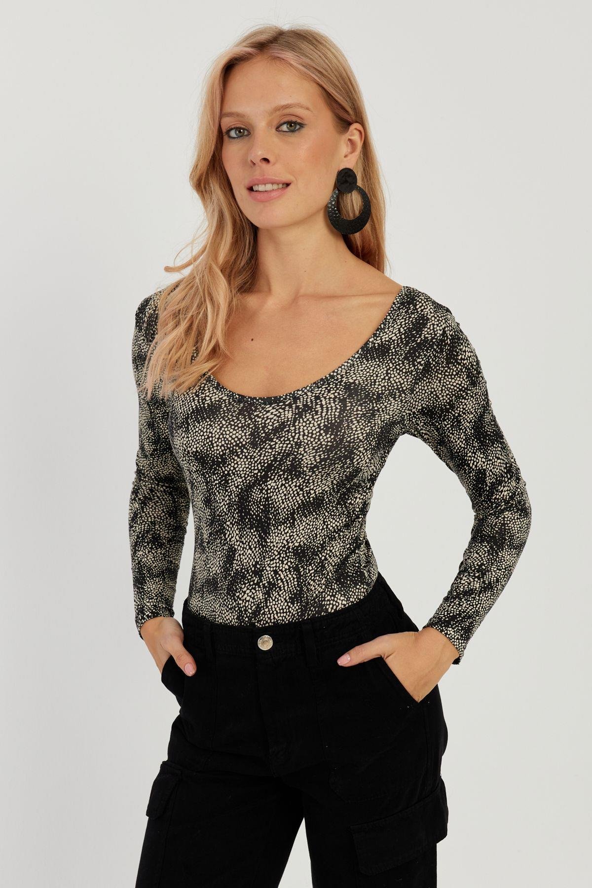 Kadın Camel-Siyah Ön Arka U Zebra Desenli Bluz LPP1266