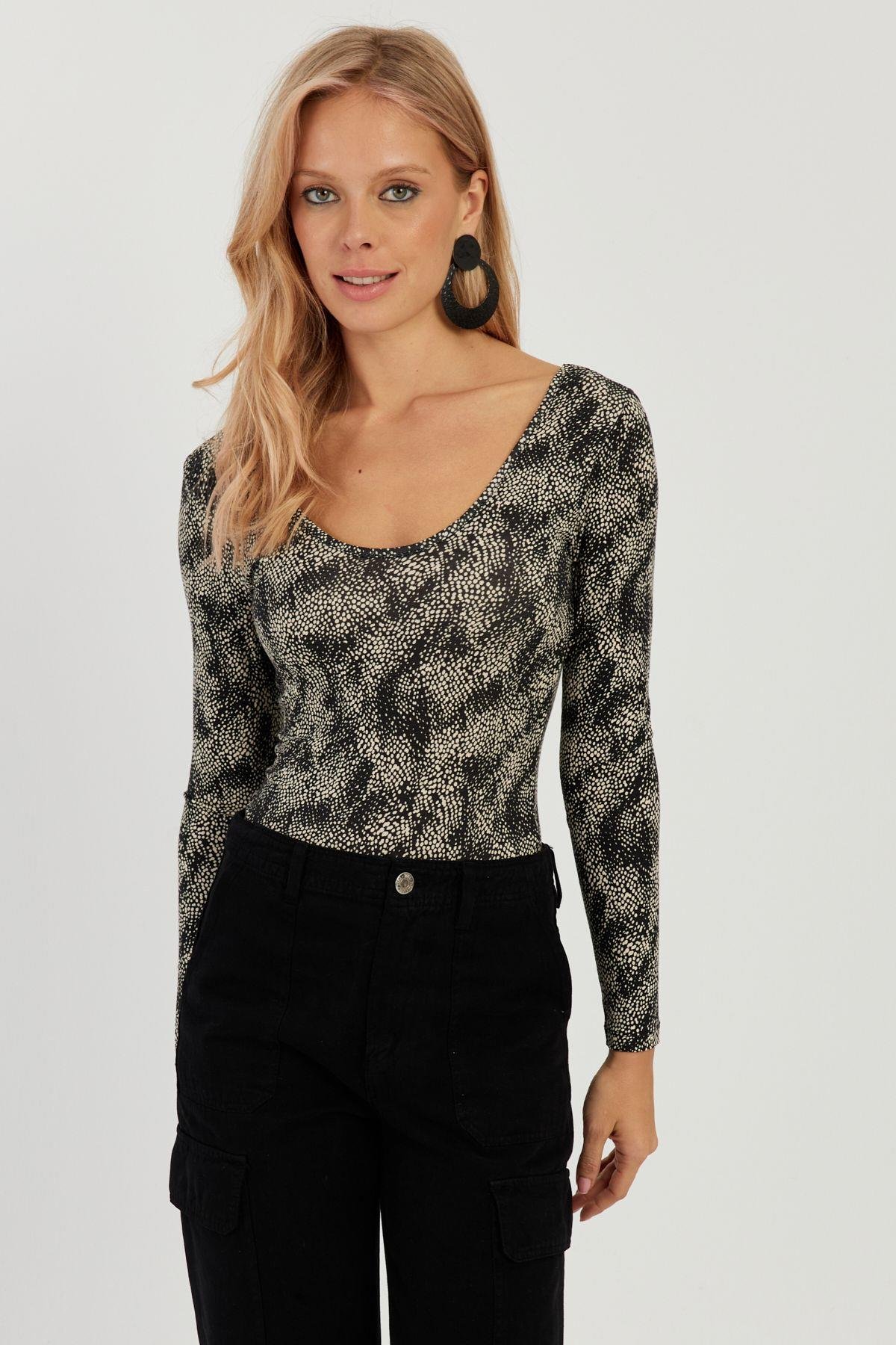 Kadın Camel-Siyah Ön Arka U Zebra Desenli Bluz LPP1266