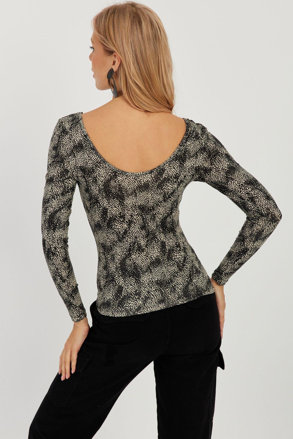 Kadın Camel-Siyah Ön Arka U Zebra Desenli Bluz LPP1266