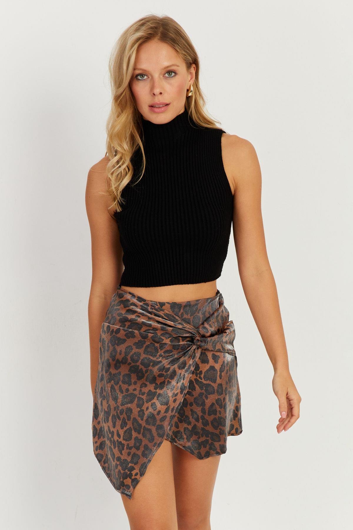 Kadın Camel-Siyah Önü Düğümlü Mini Leopar Etek NH89