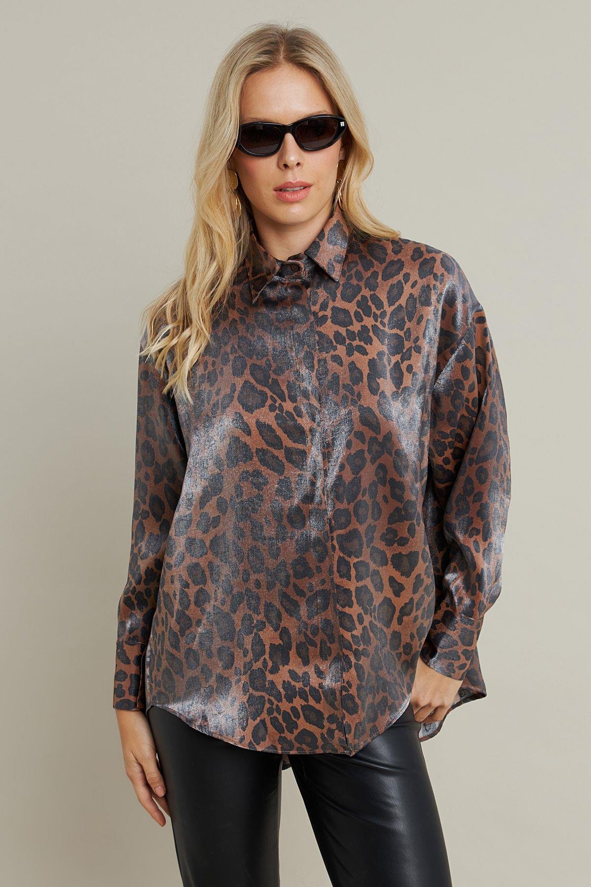 Kadın Camel-Siyah Parlak Leopar Salaş Gömlek MMİW1000