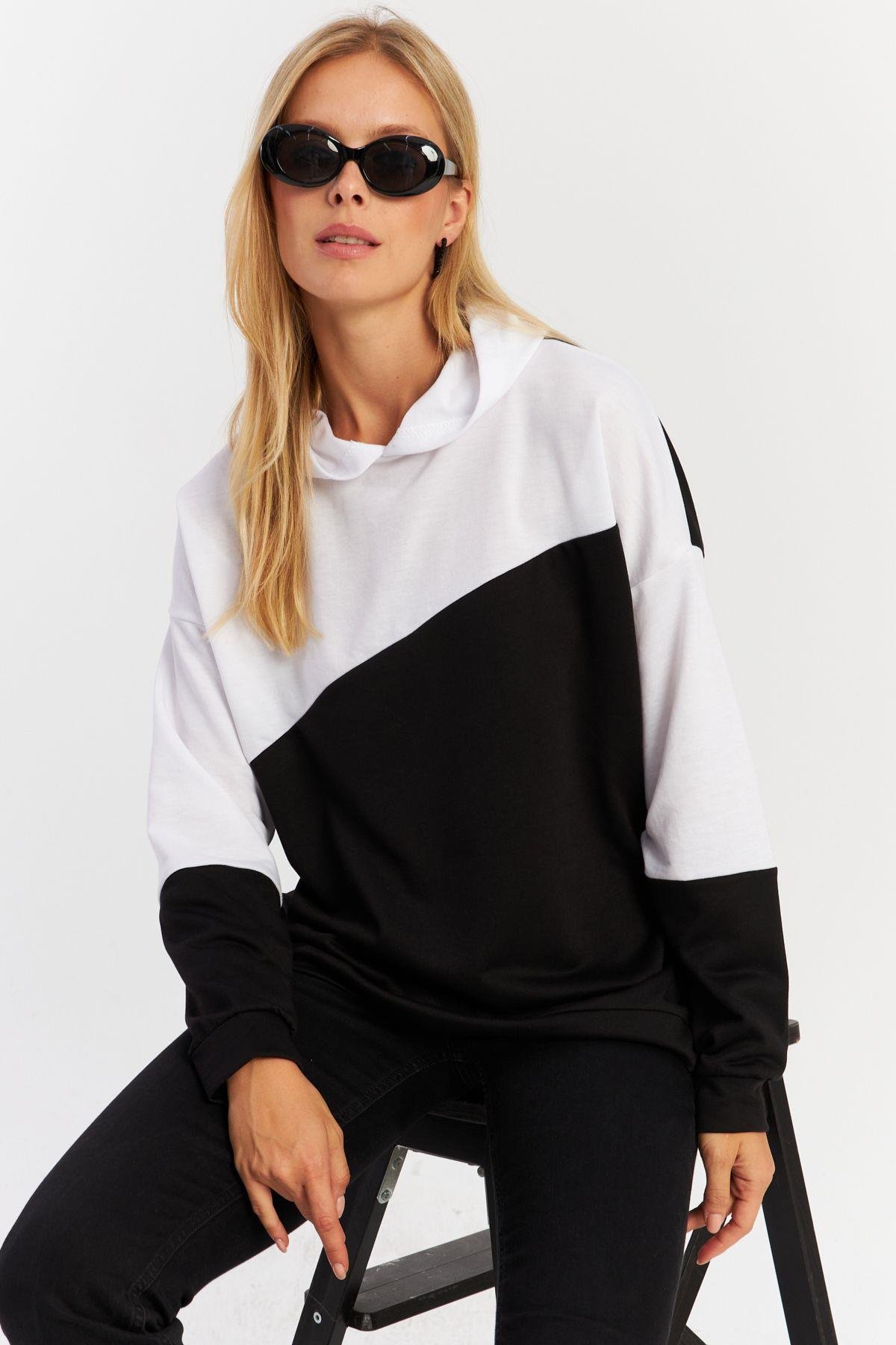 Kadın Camel-Siyah Renk Bloklu Kapüşonlu Sweatshirt DA148