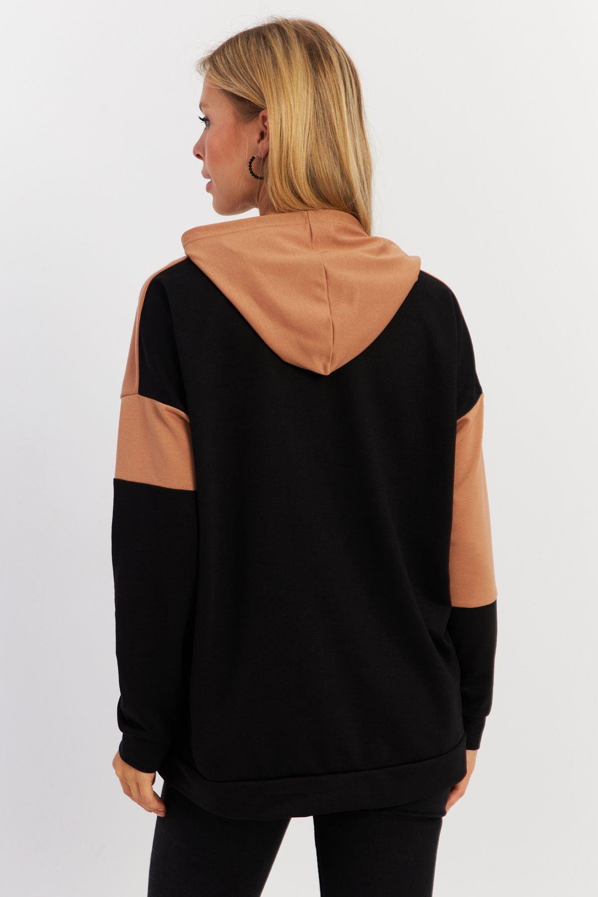 Kadın Camel-Siyah Renk Bloklu Kapüşonlu Sweatshirt DA148