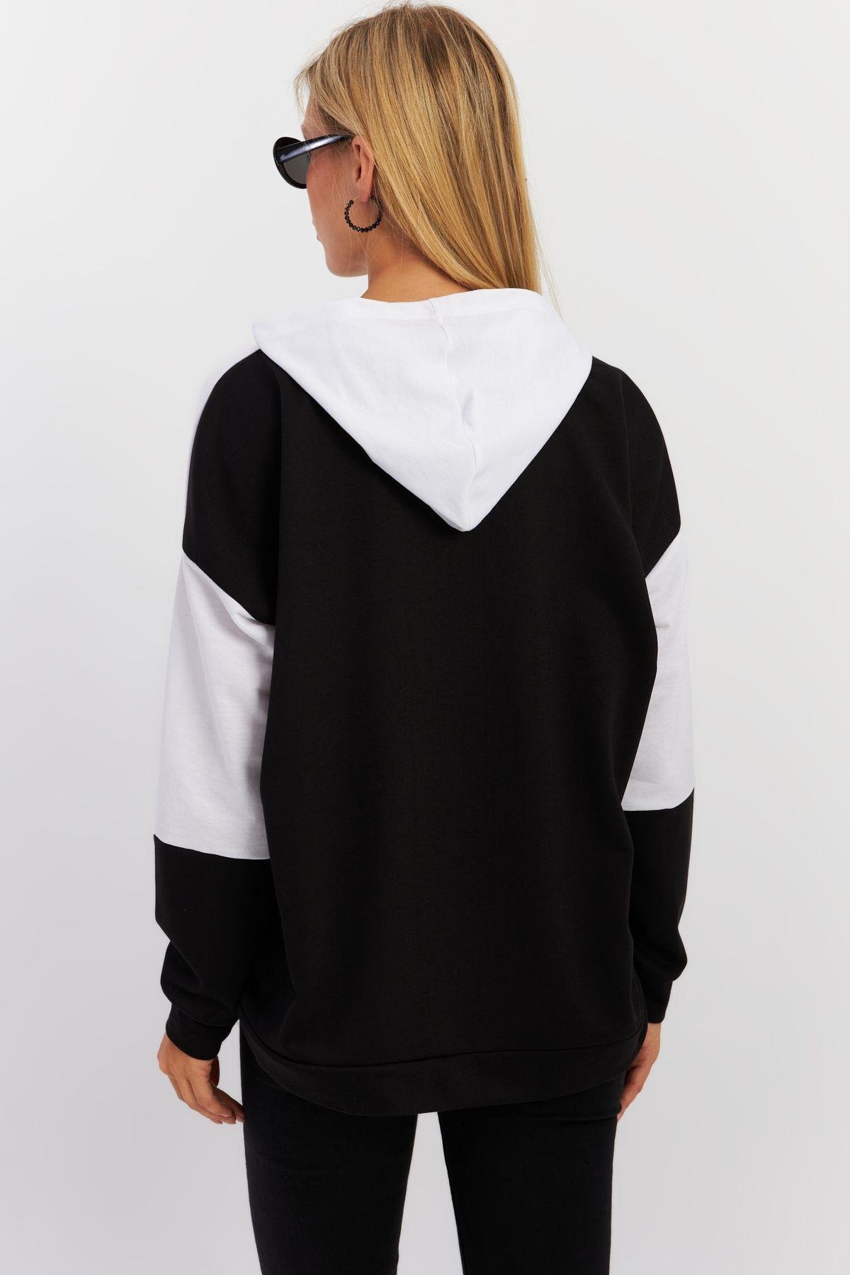 Kadın Camel-Siyah Renk Bloklu Kapüşonlu Sweatshirt DA148