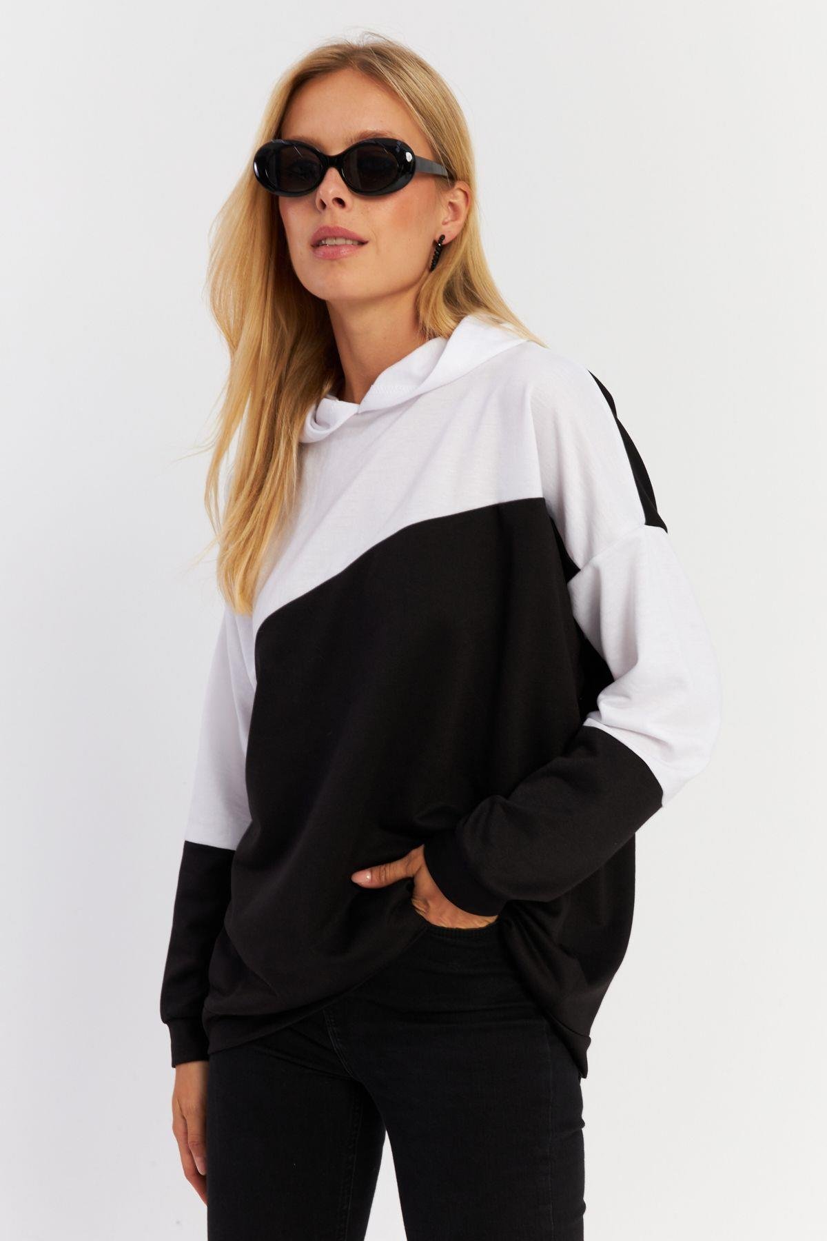 Kadın Camel-Siyah Renk Bloklu Kapüşonlu Sweatshirt DA148