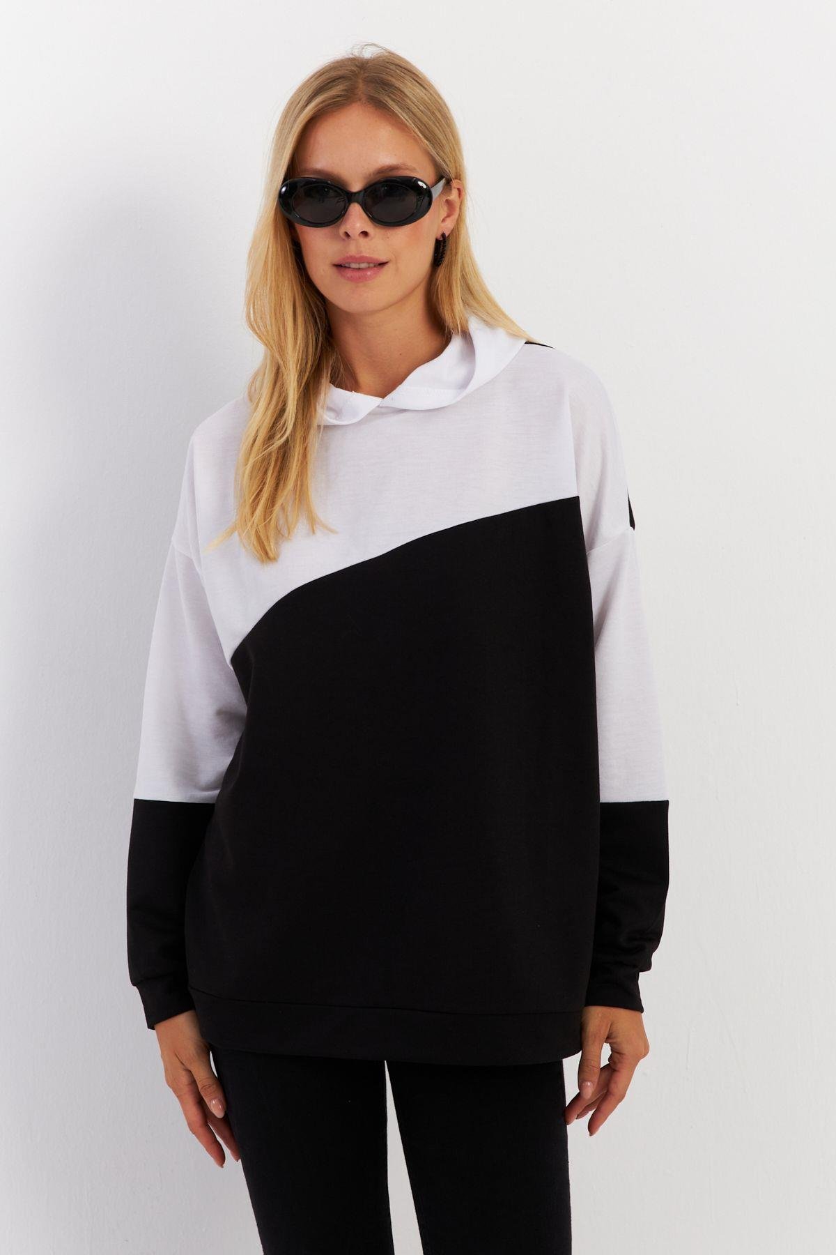 Kadın Camel-Siyah Renk Bloklu Kapüşonlu Sweatshirt DA148