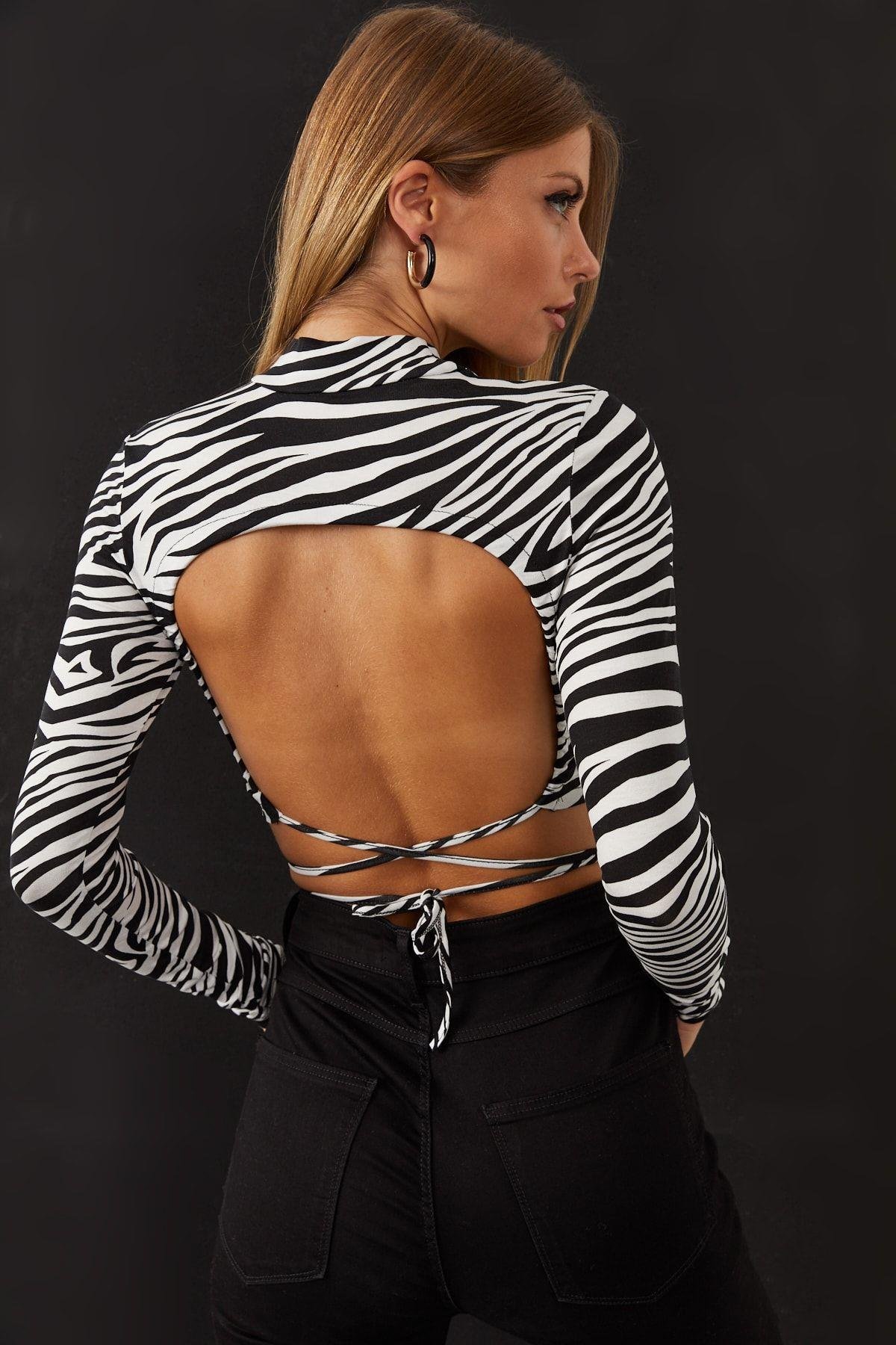 Kadın Camel-Siyah Sırt Dekolteli Zebra Desenli Crop Bluz LPP1131