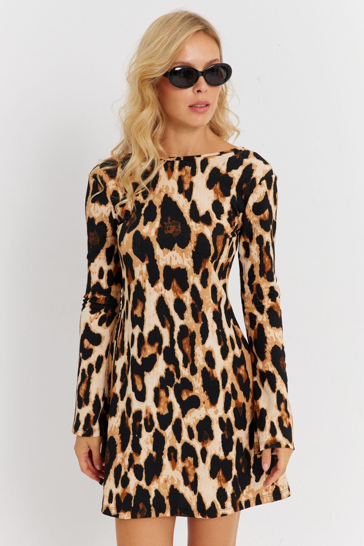 Kadın Camel-Siyah Sırtı Açık Leopar Desenli Midi Elbise EY2891