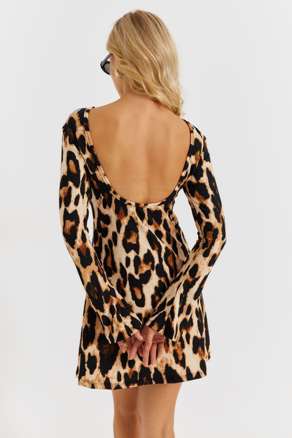 Kadın Camel-Siyah Sırtı Açık Leopar Desenli Midi Elbise EY2891