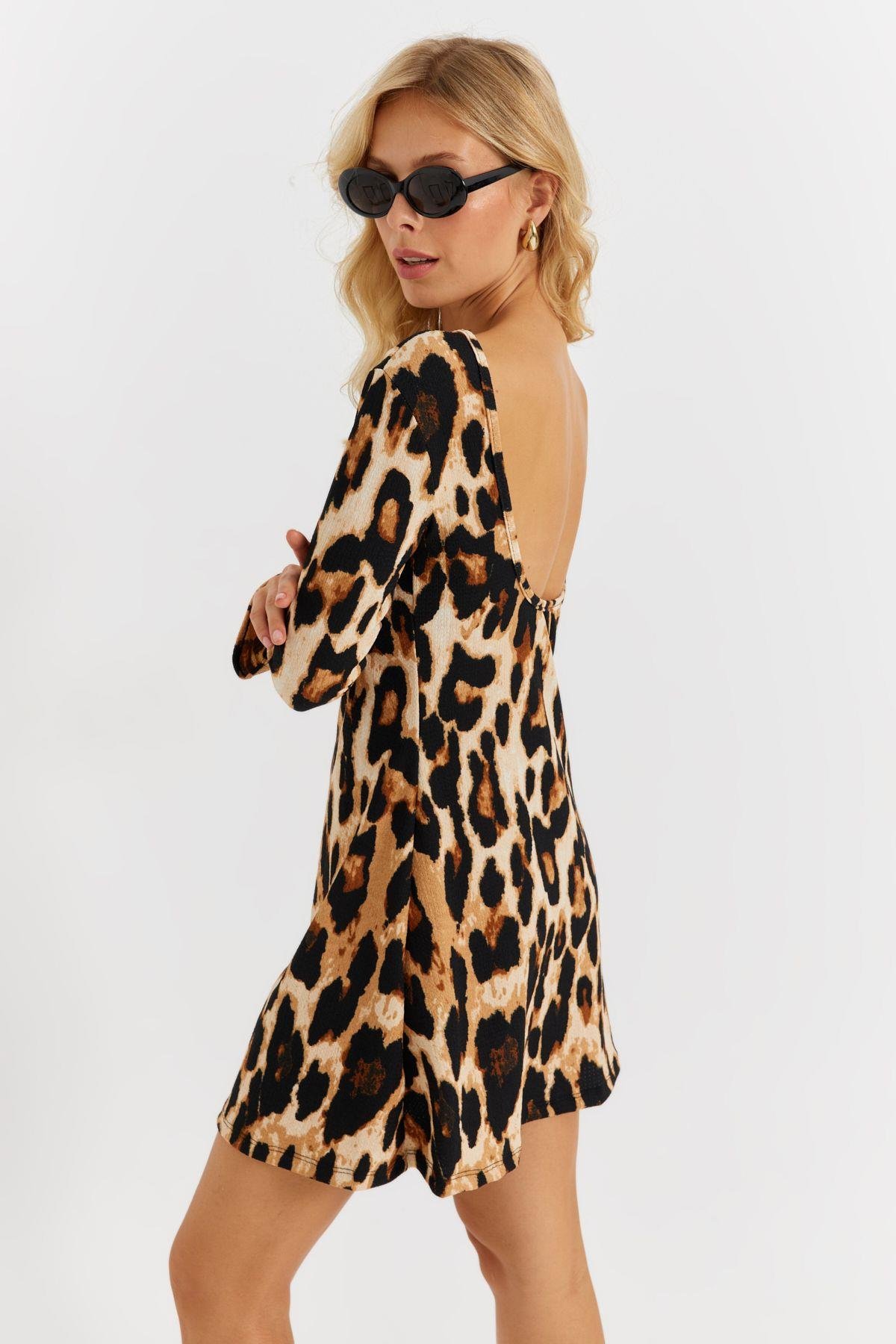 Kadın Camel-Siyah Sırtı Açık Leopar Desenli Midi Elbise EY2891