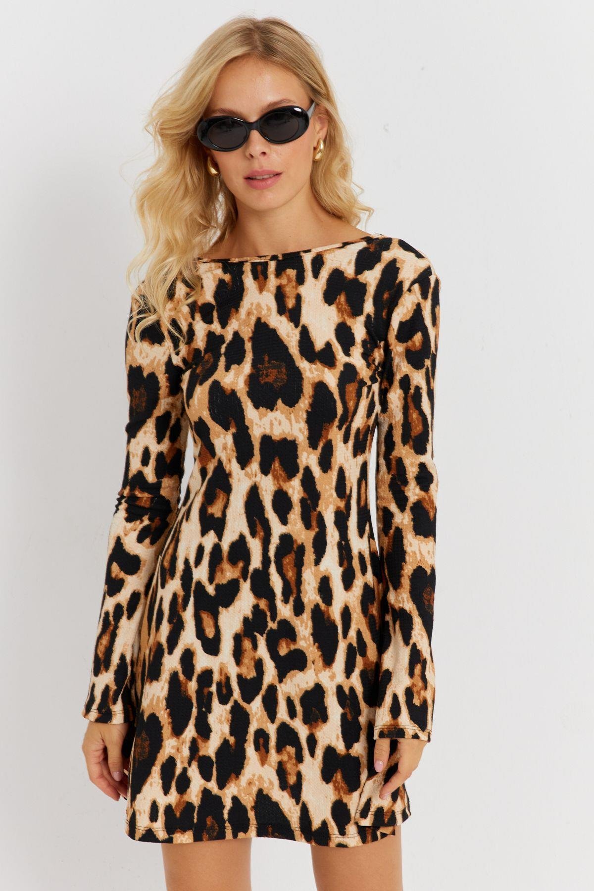 Kadın Camel-Siyah Sırtı Açık Leopar Desenli Midi Elbise EY2891