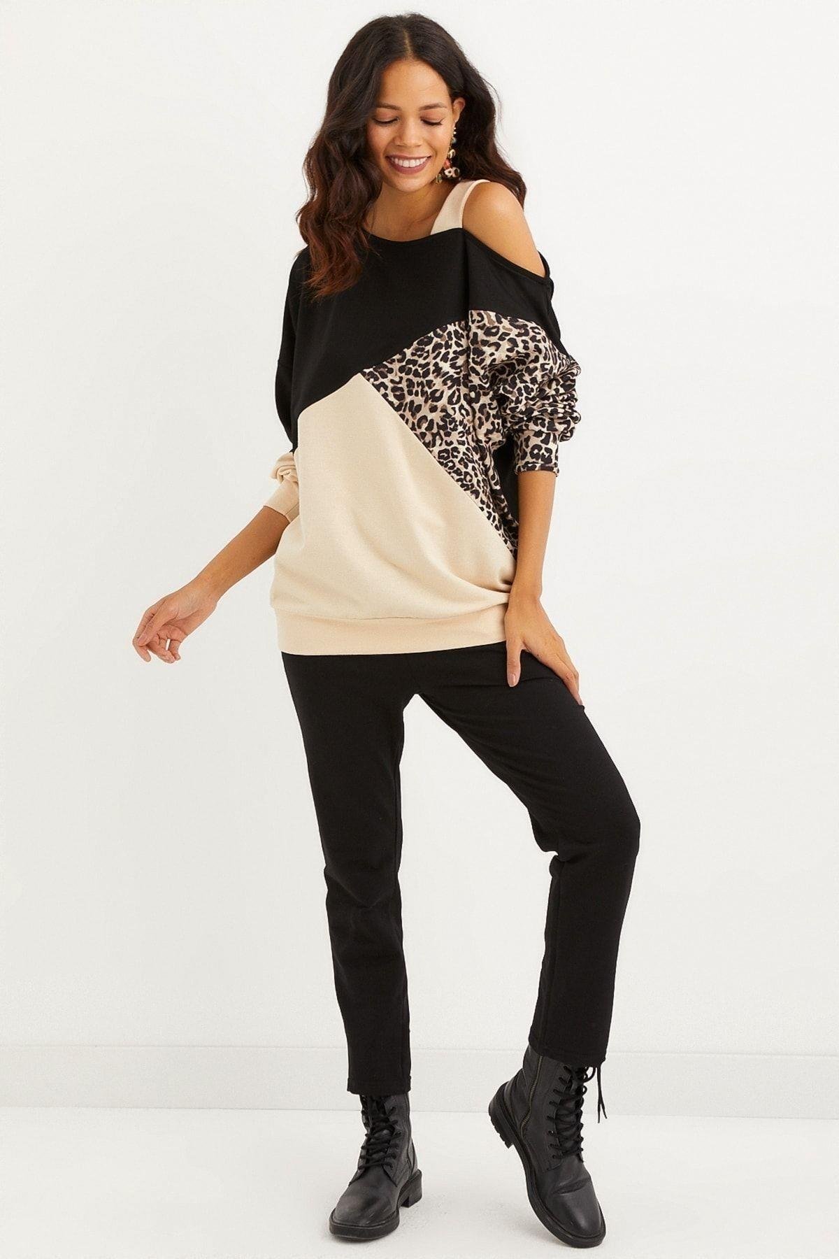 Kadın Camel-Siyah Tek Omuz Leopar Desen Bloklu Sweatshirt MBK231066
