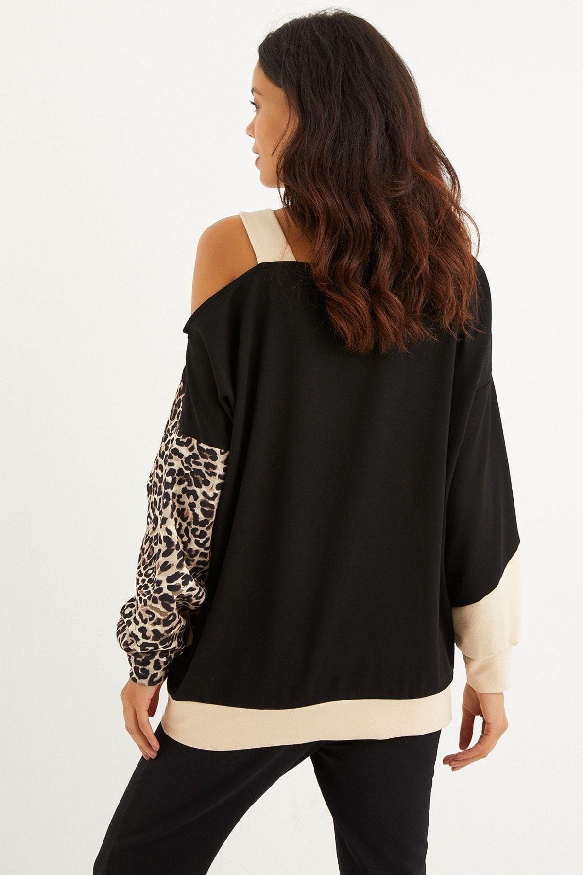 Kadın Camel-Siyah Tek Omuz Leopar Desen Bloklu Sweatshirt MBK231066