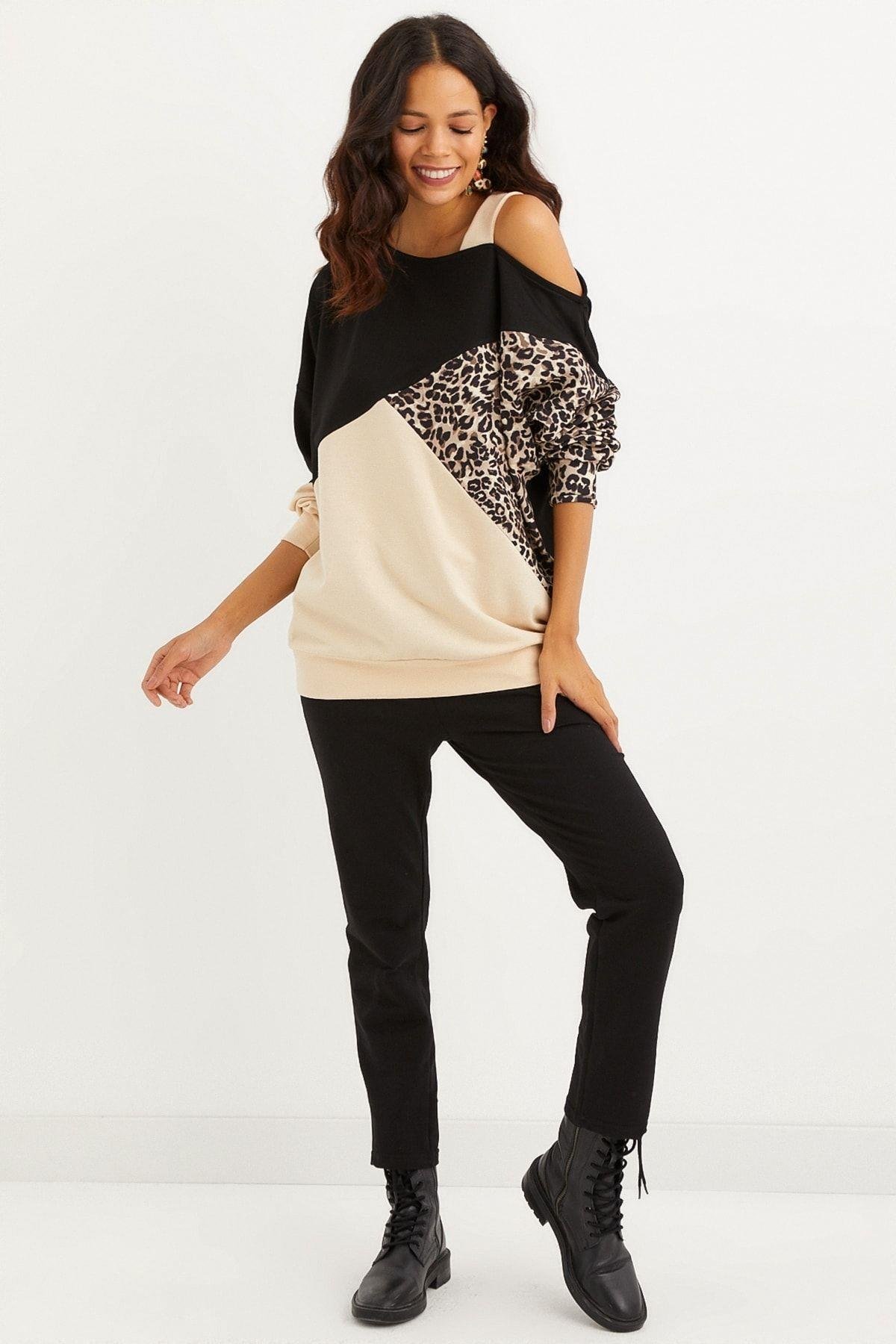 Kadın Camel-Siyah Tek Omuz Leopar Desen Bloklu Sweatshirt BK231066