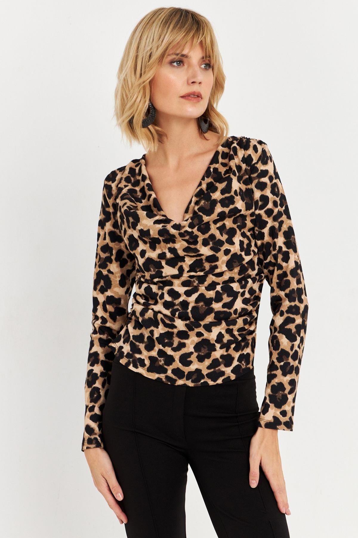 Kadın Camel-Siyah Yanları Büzgülü Degaje Leopar Bluz FRY2272