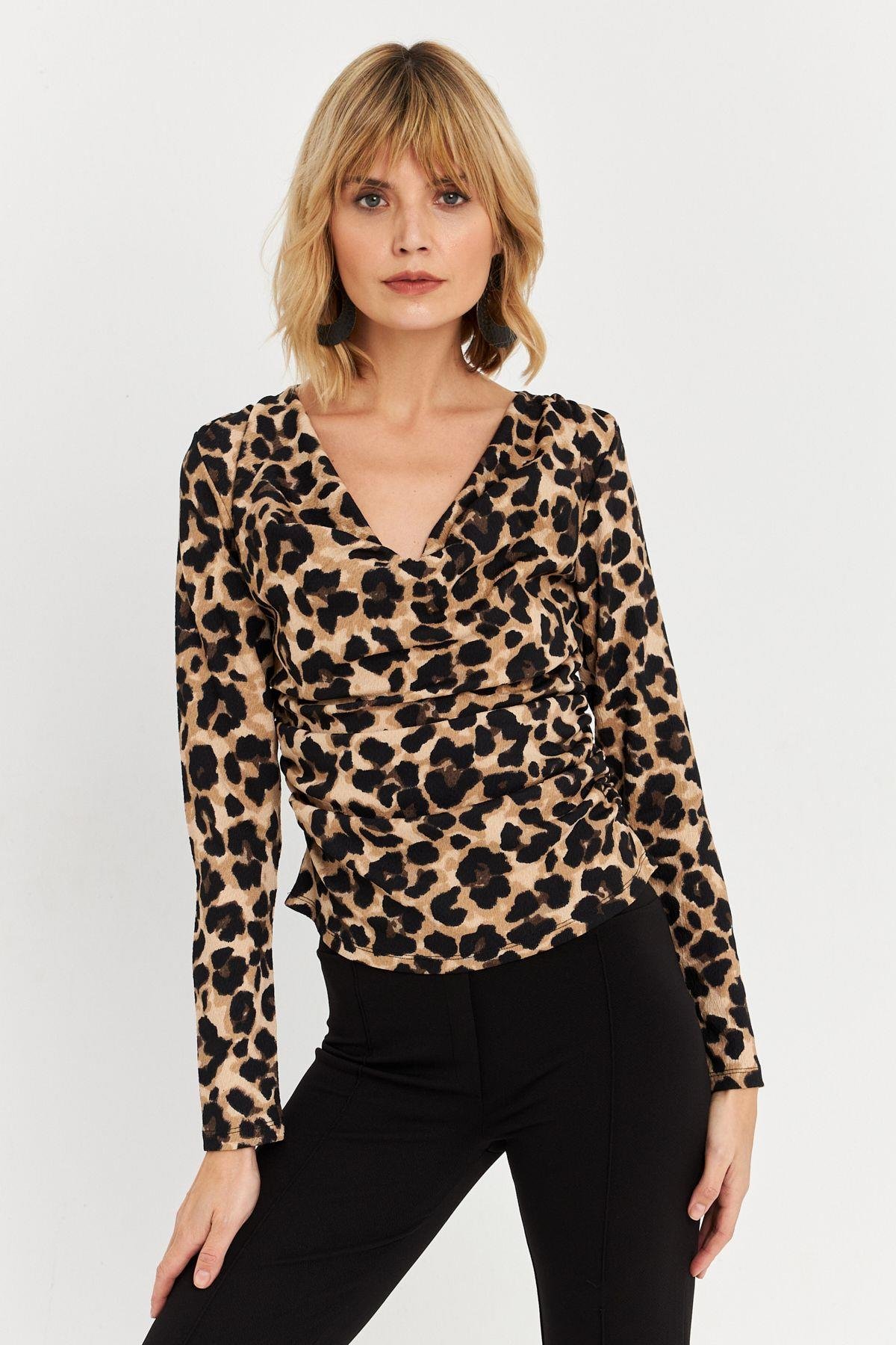 Kadın Camel-Siyah Yanları Büzgülü Degaje Leopar Bluz FRY2272