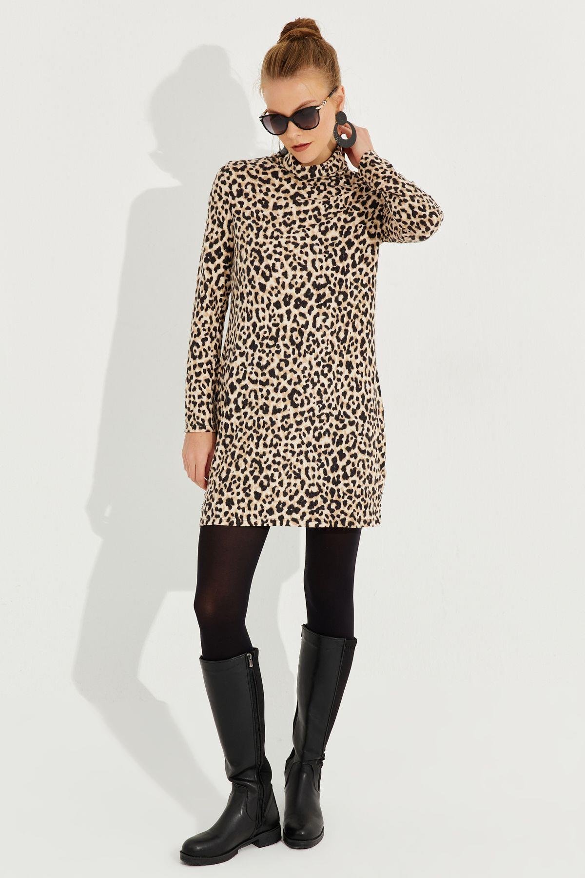 Kadın Camel-Siyah Yumoş Leopar Mini Elbise AYD253