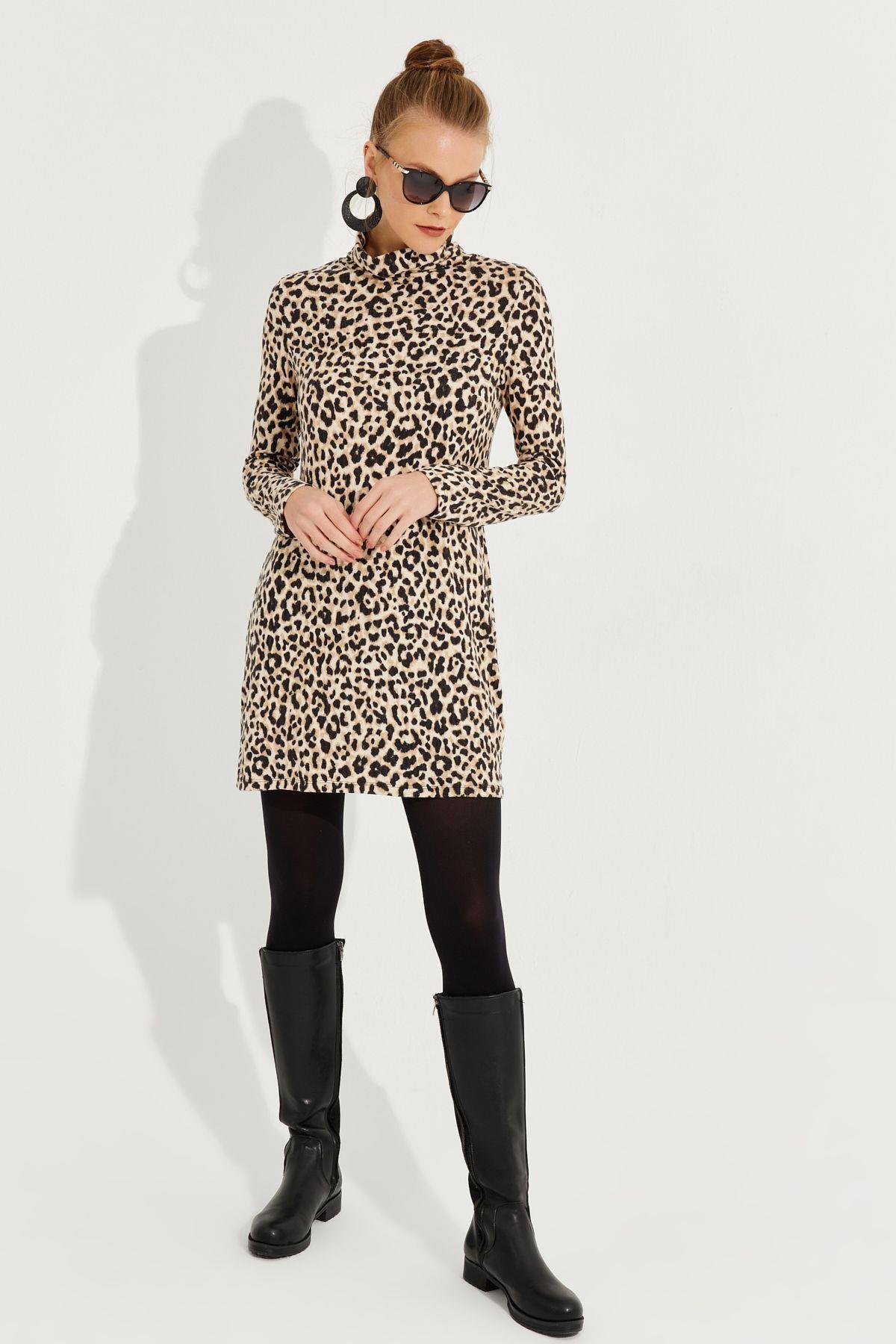 Kadın Camel-Siyah Yumoş Leopar Mini Elbise AYD253