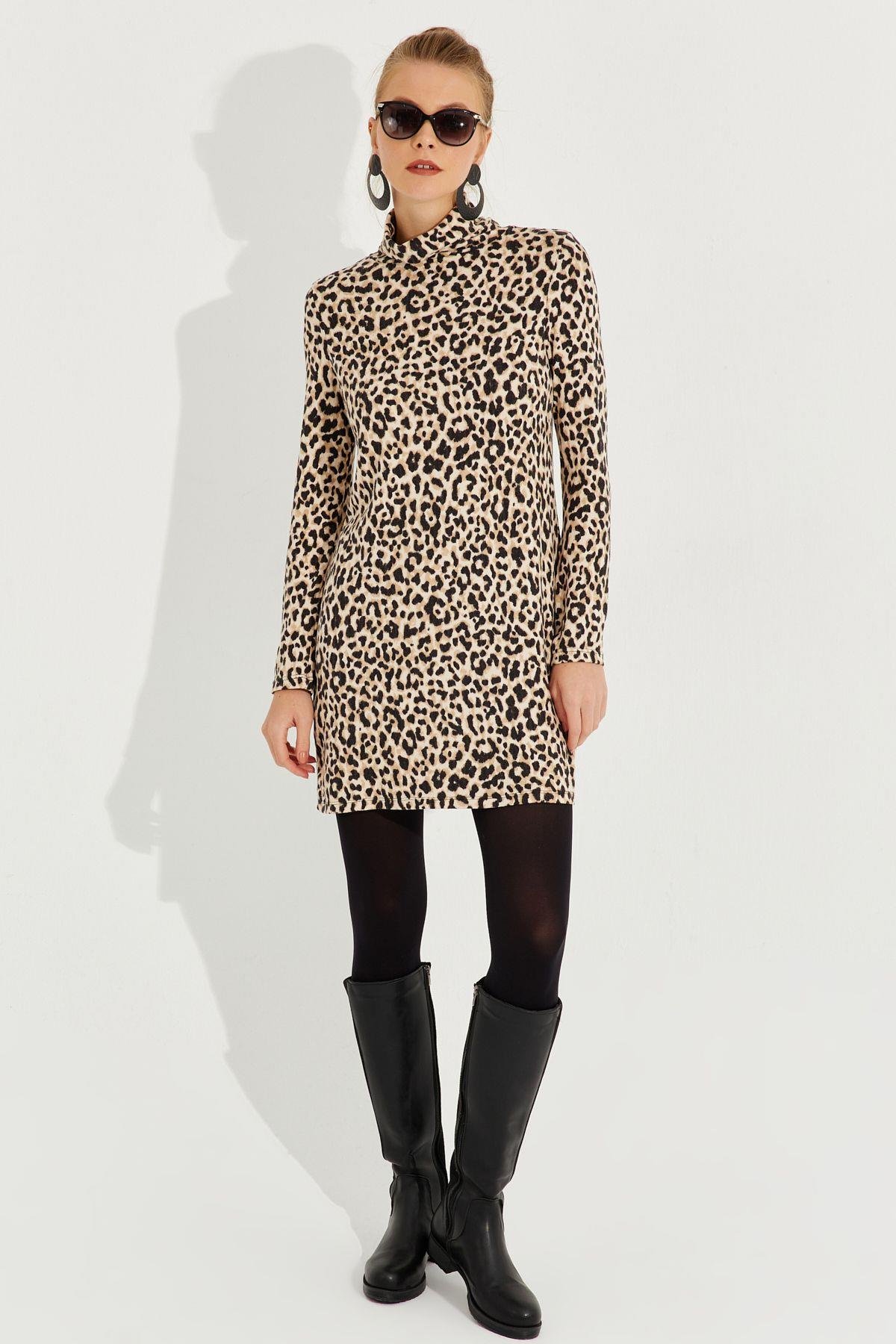 Kadın Camel-Siyah Yumoş Leopar Mini Elbise AYD253
