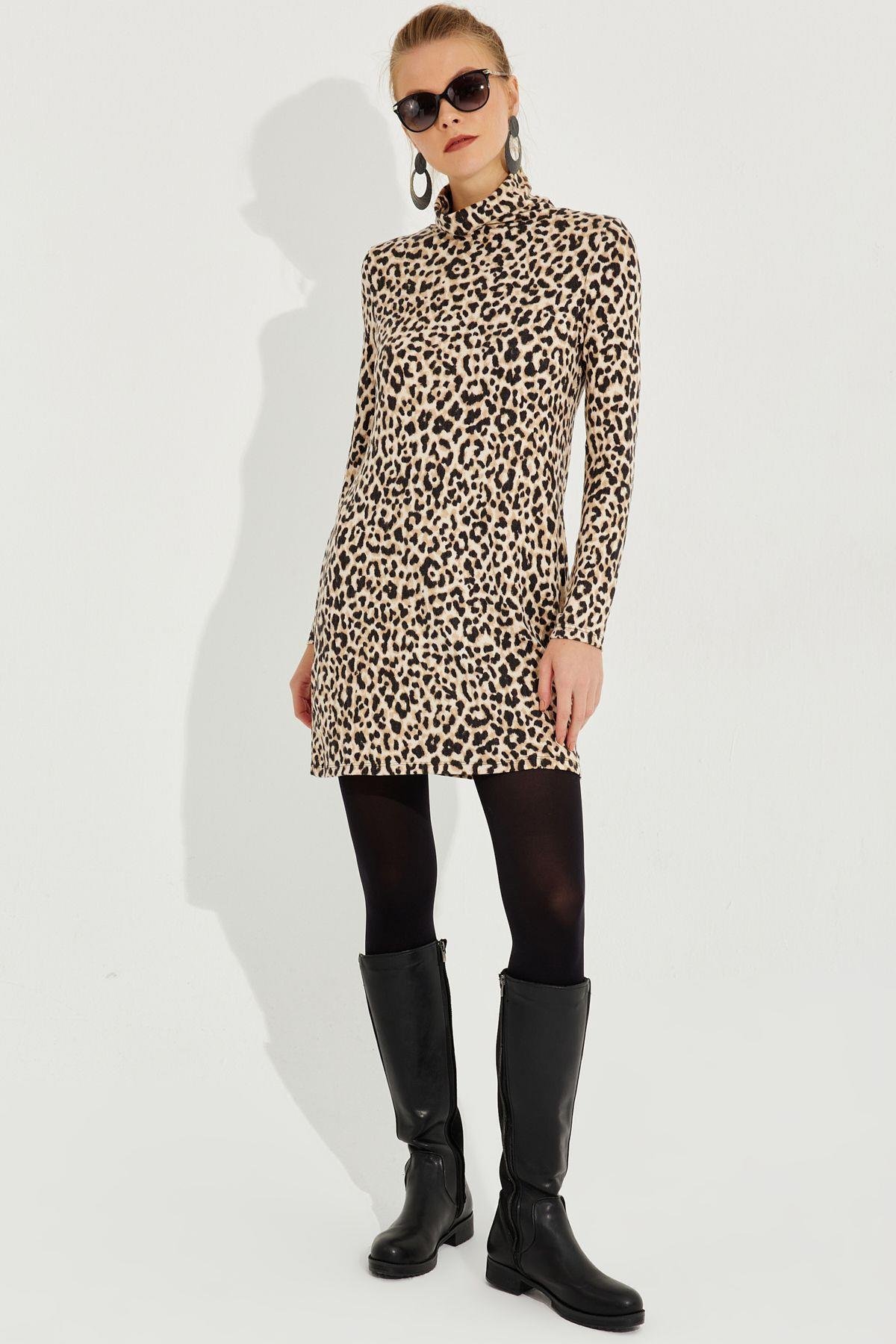 Kadın Camel-Siyah Yumoş Leopar Mini Elbise AYD253
