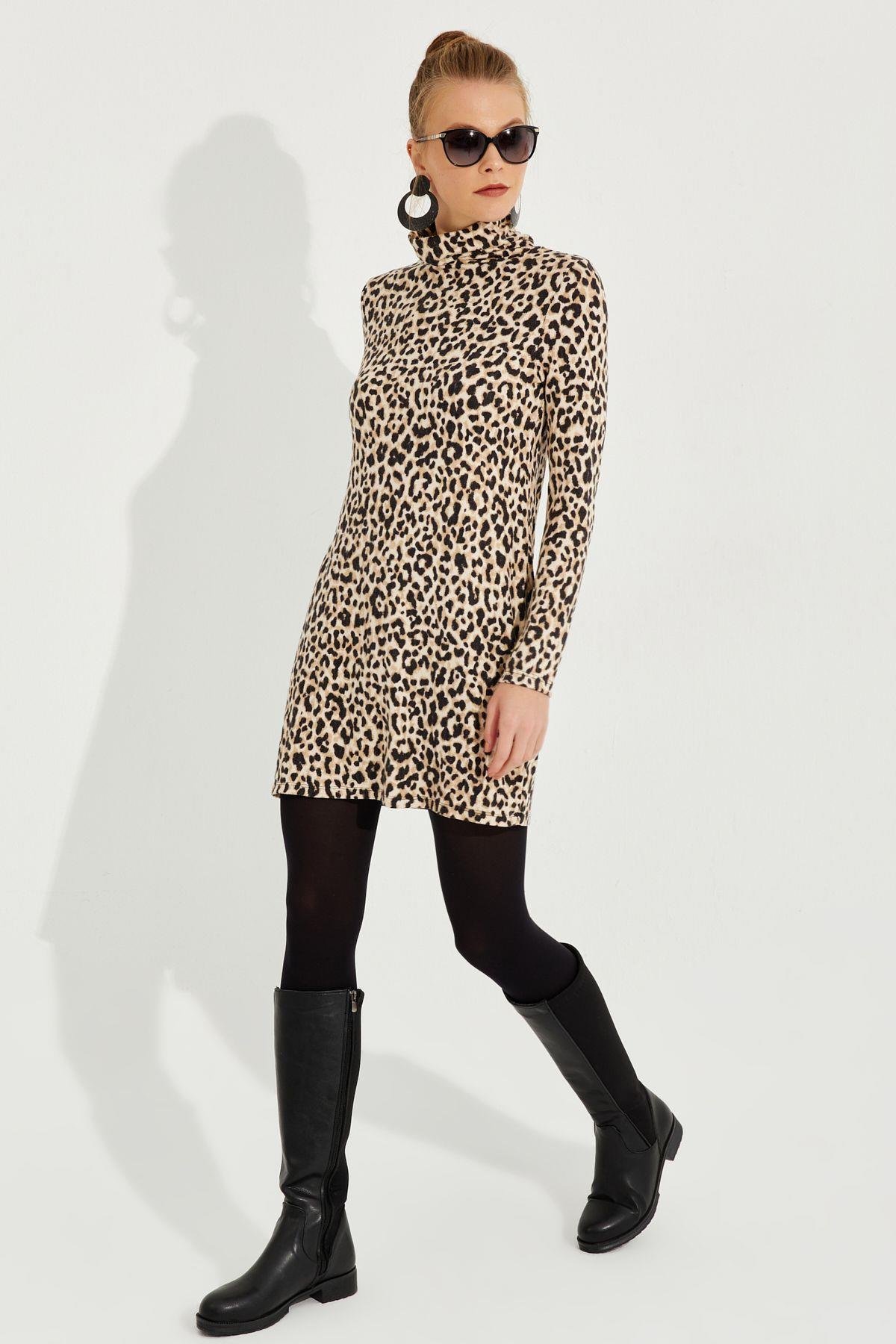 Kadın Camel-Siyah Yumoş Leopar Mini Elbise AYD253