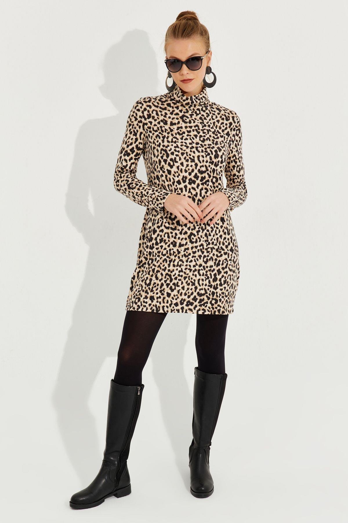 Kadın Camel-Siyah Yumoş Leopar Mini Elbise AYD253