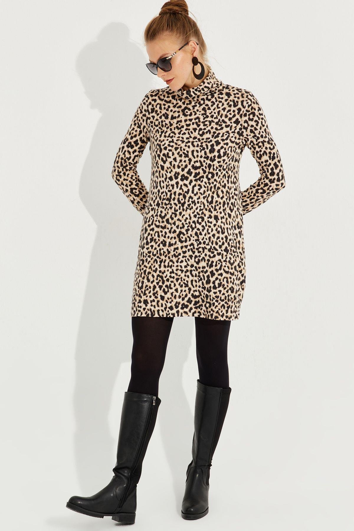 Kadın Camel-Siyah Yumoş Leopar Mini Elbise AYD253