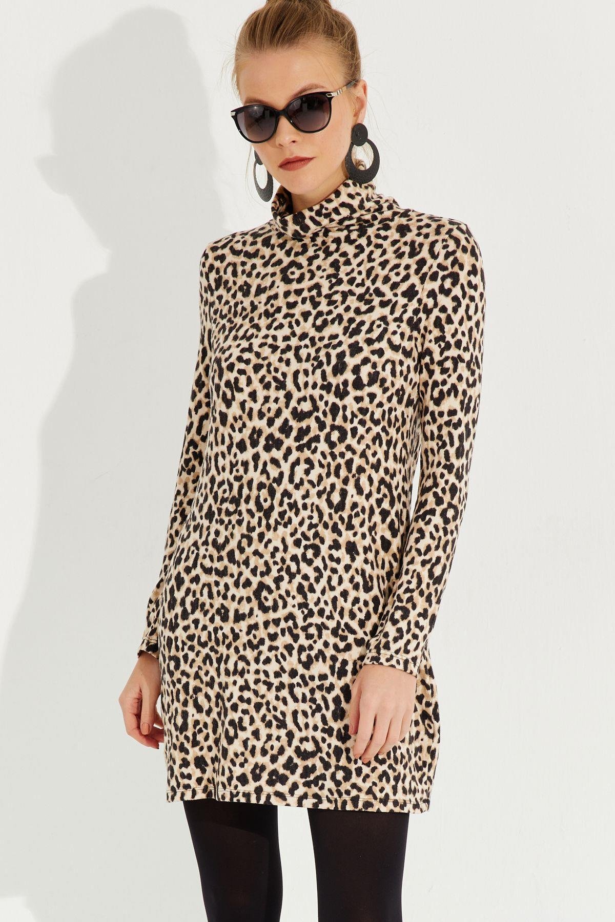 Kadın Camel-Siyah Yumoş Leopar Mini Elbise AYD253