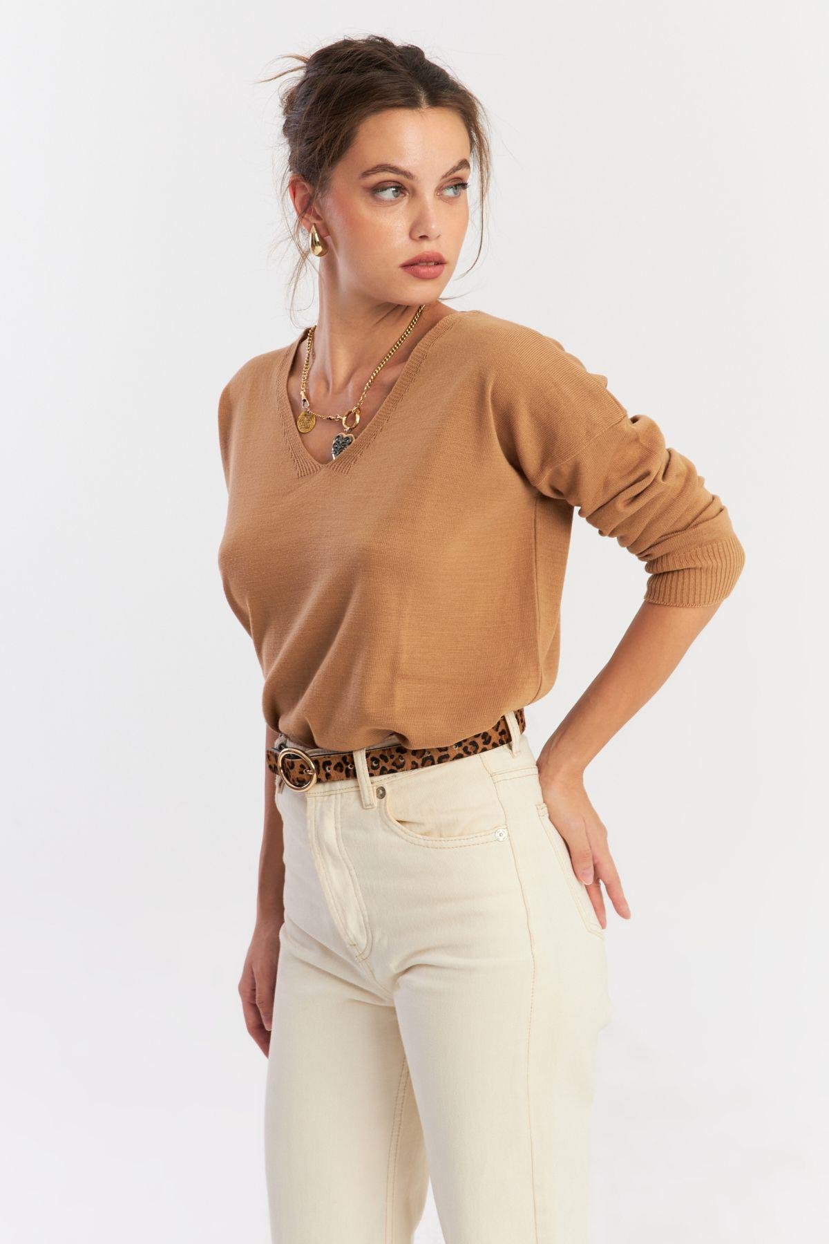 Kadın Camel V Yaka Yalaş Triko Bluz YİL552