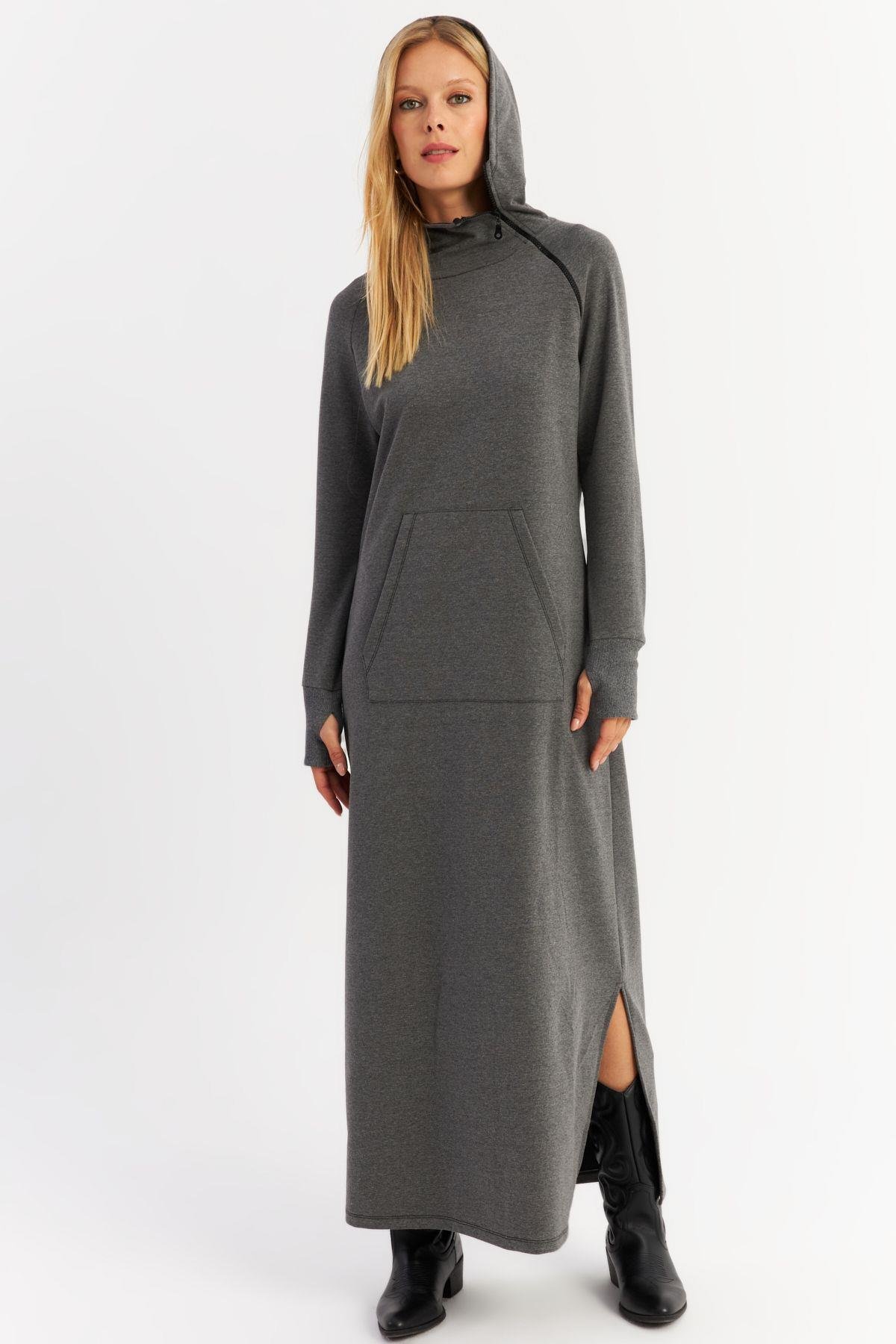 Kadın Camel Yakası Fermuarlı Maxi Sweat Elbise TF12